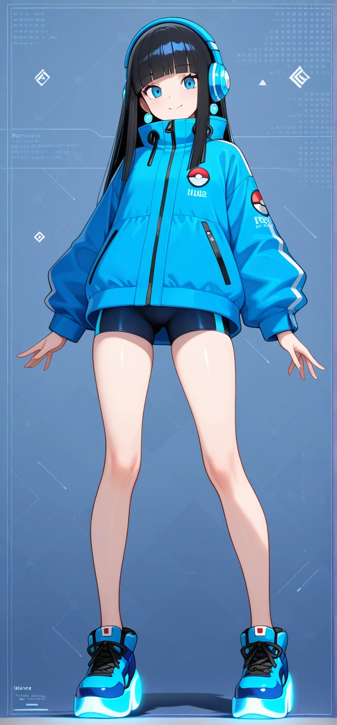 White and light blue color scheme,high resolution,((best quality)),(ultra-detailed),illustration,in the game center,crane game machine,neon light ,1girl,solo human,cute face,(kawaii:1.5),(cowboy shot),(looking down),looking at viewer,blush,(grin),(low-angle),(white zip-up short track jacket, short sportswear),two-toned color block design jacket,white and a few light blue colored outfits,(x-large zip-upped track jacket),((close the front zipper:1.5)),open stance:1.4,bare legs,bare midriff,navel,clothes reflecting light,detailed and gradient dark blue round eyes,stars in the eyes,eye highlights,gleaming skin,arms behind back,(((very short black hair))),(shining very short black hair),osage,very short low pigtail hair,((very short low twintails hair)),longer blunt bangs,((low twintails hair with very very short tails)),adorable girl,(large breasts:1.3),((white and light blue gym shorts)),low-rise short shorts,dynamic angle,