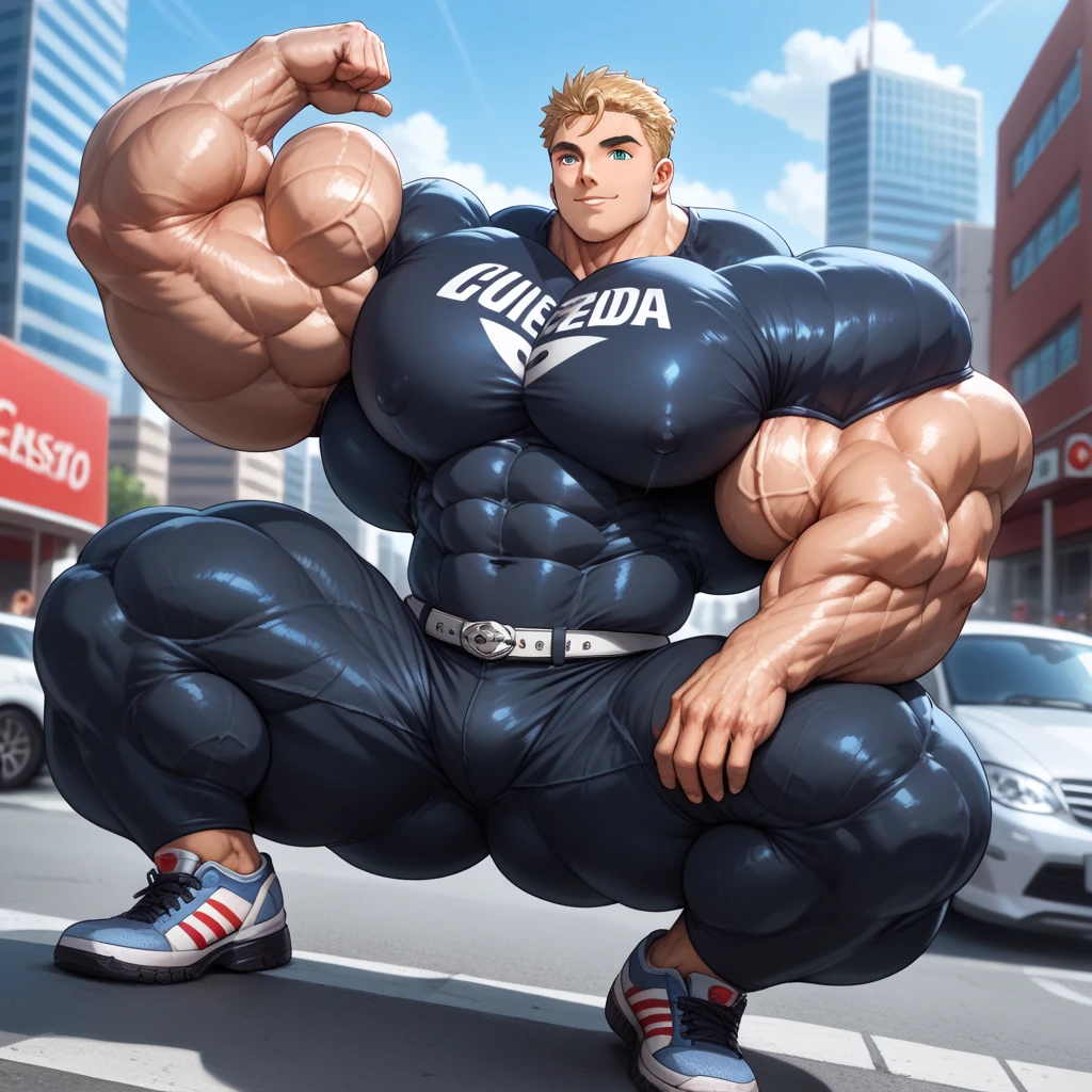 full view full body one white over-muscular young Behemoth man with over-inflated and over-bloated enormous huge shoulders, pecs, biceps, abds and legs, with platinum-blond undercut haircut, in white lycra singlet and white socks, no shoes, dozens of golden rings, necklaces, bracelets, pierced nipples with golden rings and chains, showing off his monstrously fake over-inflated and bloated muscles all over , proudly strutting in his white socks on touristic Costa Rica beach, showing off his white socks and jewelery