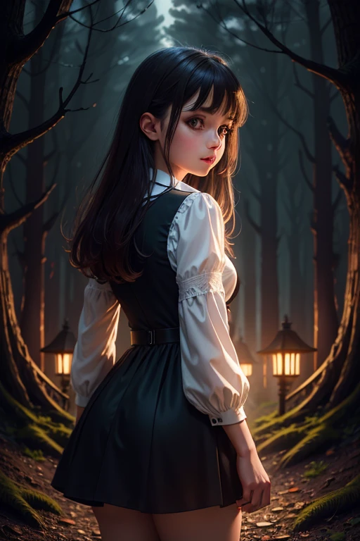 ((Super detailed,ultra high resolution,detailed background)),ancient city,dark forest at night,spooky,Chill,Inspiration,1 girl,wearing a minidress、Wearing a white collared long-sleeved blouse、