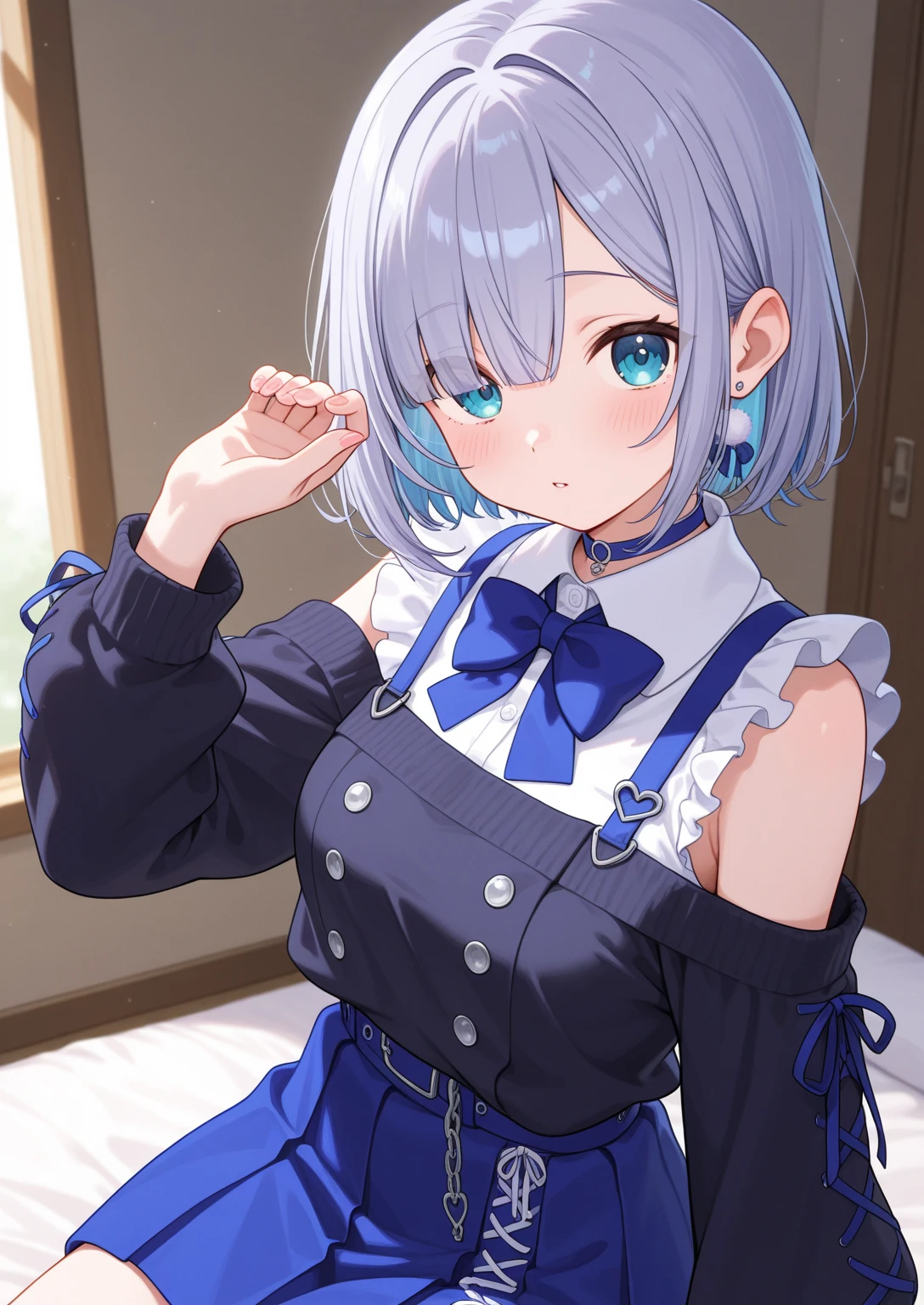 Bigbreast,gray hair,blue eyes,show fang,look at viewer,cute,gura_neko, blue dress, cat ears, side ponytail,concern