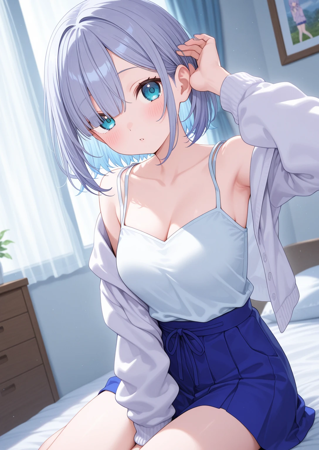 15 year old loves sex、 A sexy worker in a lewd knitted dress、Underboob, small breasts, aroused face