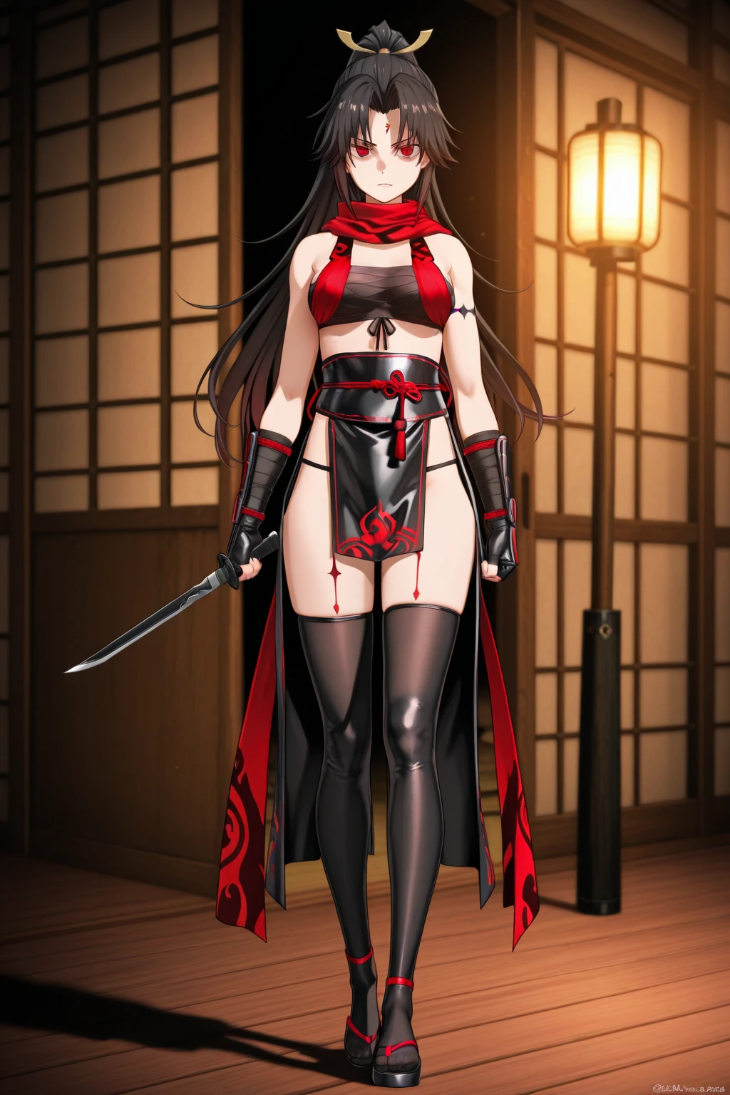(garments)
• Crimson combat kimono
• Black obi and sachet
•chain mail
• Black tabi socks and sandals
• Japan sword and dagger at waist
• Leather back of wrist
(Physical features):
• High stature、muscularity
• Sharp slit eyes
• Scratches and bruises on sunburned skin
• Flowing black hair、Bundling in a low position
• Simple style with ease of movement
