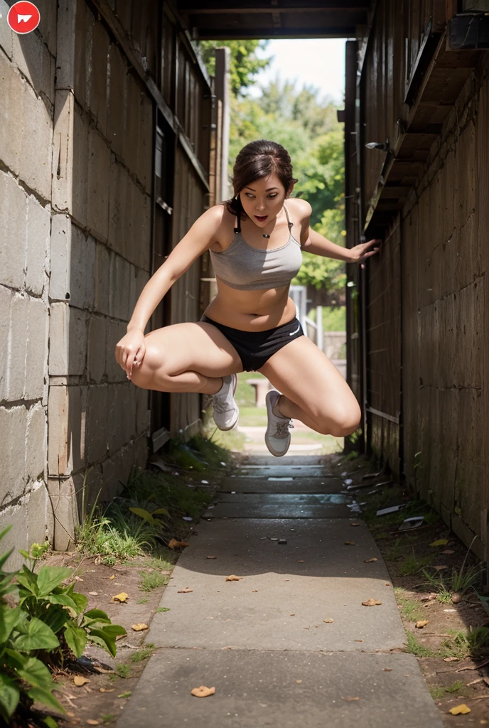 A person running desperately down a dark, steep staircase, with panic expression.