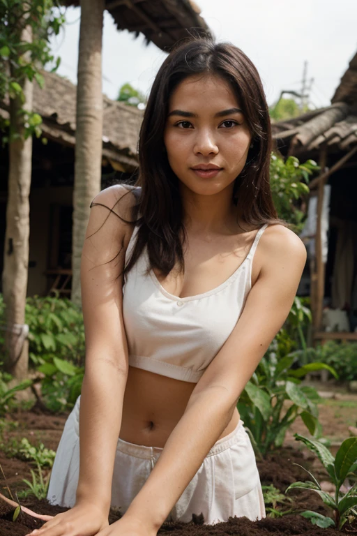 In late of 80's, young sweet beautiful Bogor city girl lying down relax on carpet near wide rice fields near Bogor, descent mixed from sundanese and javanese and Arabic, little breasts, straight very short thin hairs with a bangs, very very slim body, have big greek nose, slim thin face, wide forehead, big eyes, little sexy mouth, heavy down lip, thin uper lip, charm and cute lovely girl, her name is Dewi, she is being dating with her body friendin the sunny fresh sunset, georgeus sweet face, slim body, 19 years old, student of agriculture university, wearing not sexy 80's style soft cup bra, wearing not sexy white thin see through panty in late 80' years era mode and style, wearing see through thin unbuttoned blazer, very realistic, very natural, very realistic, all body from head to toes view, wind blowing so strong and blowing everything, her straight short thin hairs with a bangs blown by the very strong wind, salak mountain as background, beautiful sunset and beautiful girl, she has cute and sweet smiling, sweet romantic moment that can't forget, wearing glasses, she is very in love to me, her eyes half closed,