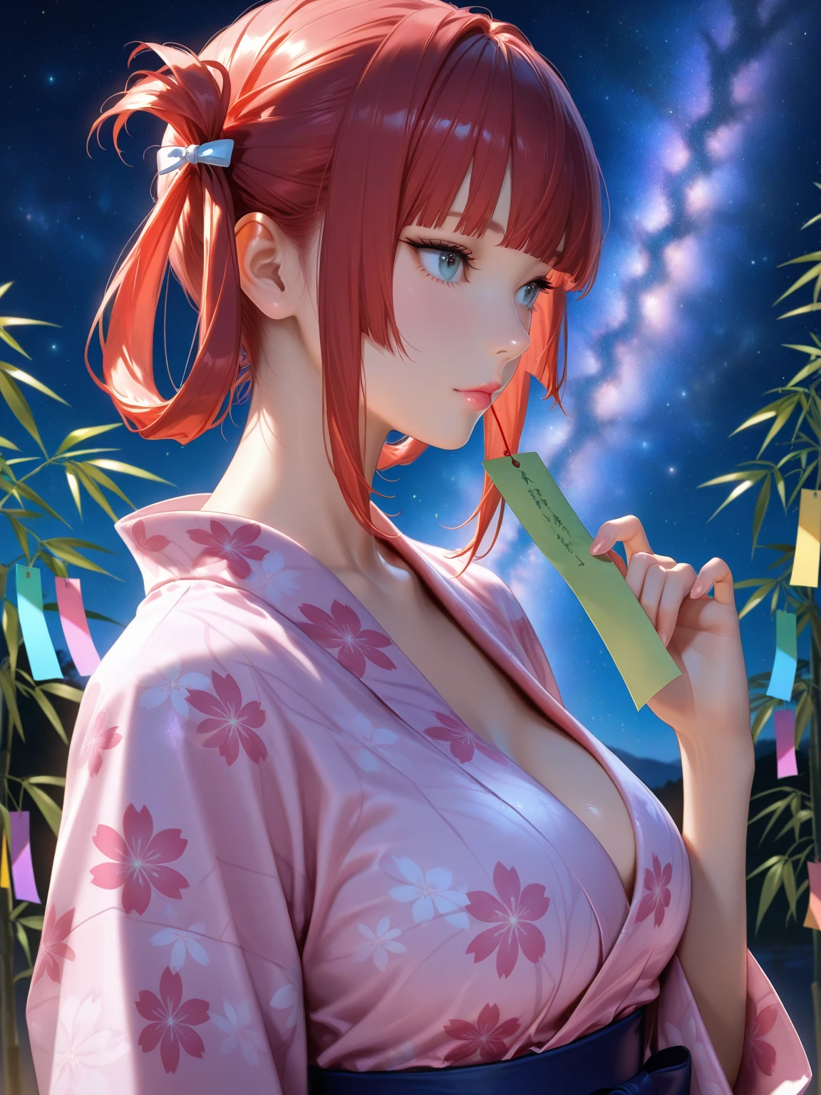 ((Highest quality, 8k, masterpiece :1.3)), (Sharp focus :1.2, Beautiful woman with perfect figure :1.4, Slim Abs :1.2), ((Big Breasts, Emphasize cleavage, The underboob is visible:1.3)), (Photorealistic:1.4), (realistic:1.4), (Pink Hair:1.5), Highly detailed face and skin texture, Fine grain, double eyelid. Makeup face, A little bit of lipstick, sex appeal, Sexy gravure pose, ((Wearing a pink yukata、A high school girl with her hair down、Smiling sexy against the backdrop of lantern lights on a summer festival night。I have an apple candy in my hand。:1.3)