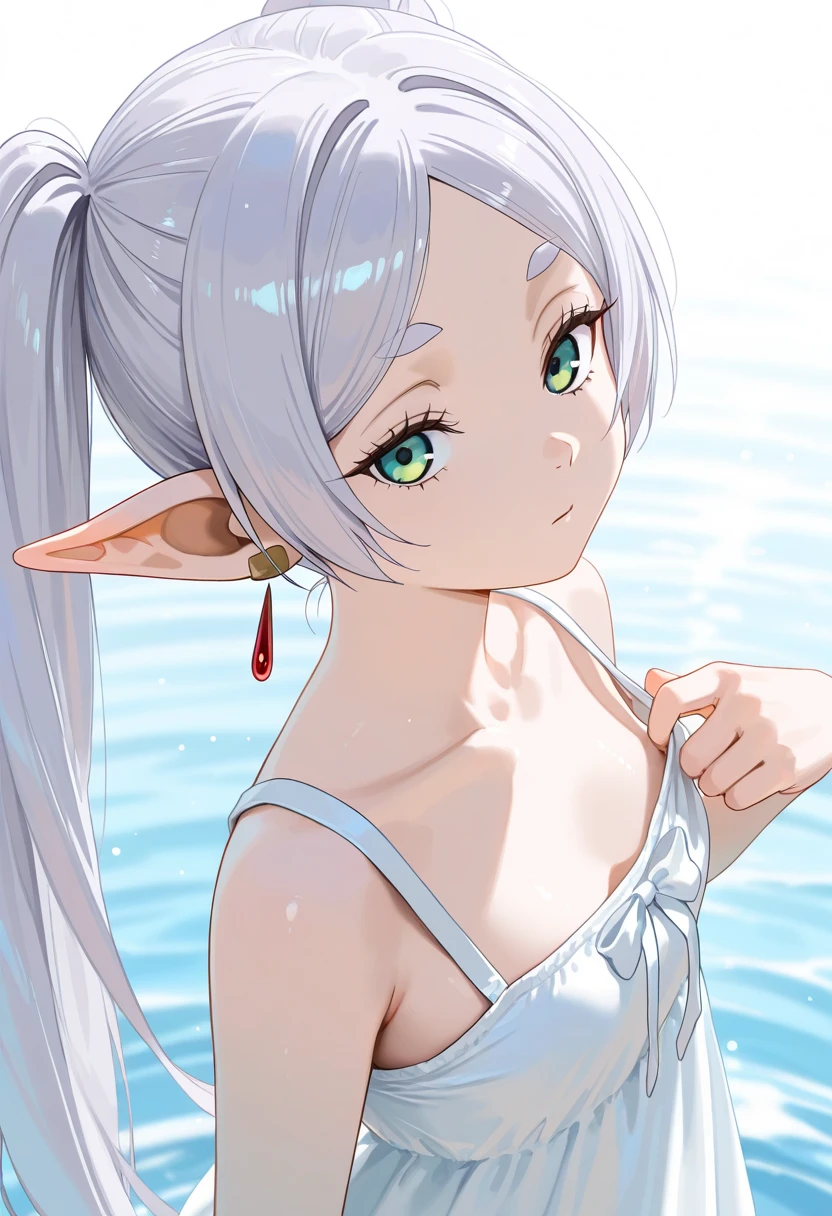 èèè®,1girl in,Solo,elf,White hair,Grey Hair,swim wears、White bikini、bikini,鎖骨,nffsw,pointy ear,Long hair,Ponytail,Green eyes,Twin-tailed,Parted bangs,Thick eyebrows,To NSFW,Small breasts,cleavage,To NSFW, 20yr old,infp young woman,Beautiful Finger,Beautiful long legs,Beautiful body,Beautiful nose,Beautiful character design, Perfect eyes, Perfect face,Expressive eyes, Looking at Viewer, Official art,the Extremely Detailed CG Unity 8K Wallpapers, Perfect Lighting,Colorful, Bright_front_Face_Lighting,Shiny skin, (masutepiece:1.0),(best_quality:1.0), 超A high resolution,4K,Ultra-detailed, Photography, 8K, nffsw, hight resolution, absurderes:1.2, Kodak Portra 400, Film grain, Blurry background, Bokeh:1.2, Lens Flare, (Vibrant_Color:1.2), (Beautiful_Face:1.5),(narrow_waist), ,NSFW,, Exquisite visuals, hight resolution,masutepiece,Best Quality,