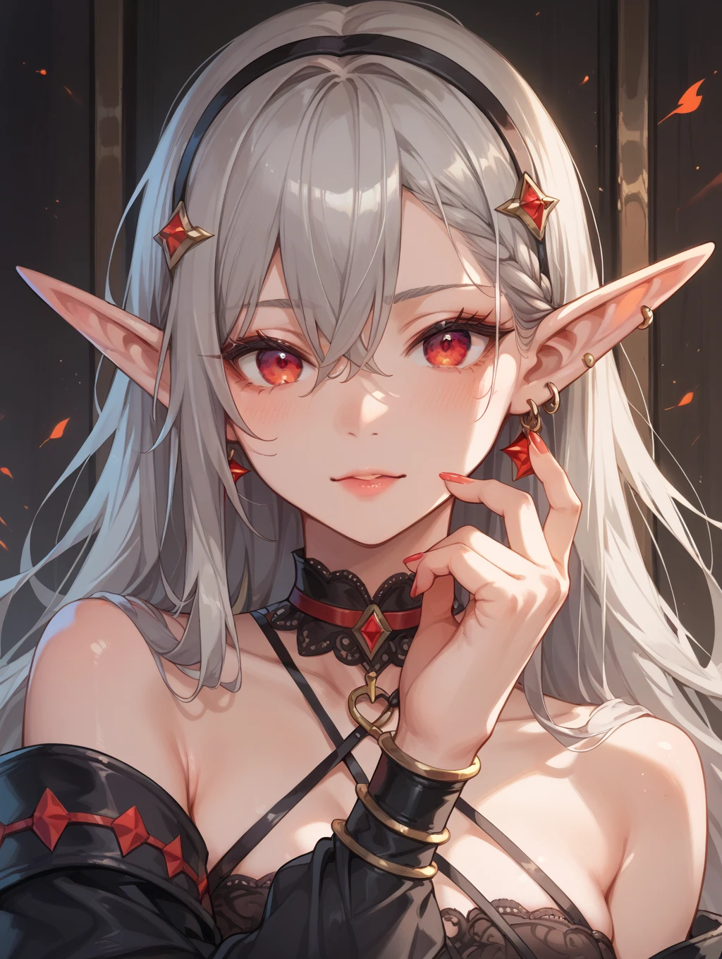 (portrait),(Elf girl),((two colored hair, short white hair with black hair streak)),(((light shine red eyes))), warm light,( 16 years old),portrait Pose,Dramatic,Cinematic,Detailed background, Dynamic Angle,From the angle of the film,Gothic background, Dark fantastic view,Best Quality,masutepiece,8K,The ultimate detailed dark background, Top image quality, RAW photography, 超A high resolution,cropped shoulders, overall look is very erotic、Shot for one person only, model shoot, round chest, Beautiful Eyes of Details、Very slender eyes、Beautiful eyelashes、Very slim physique, with blush cheeks