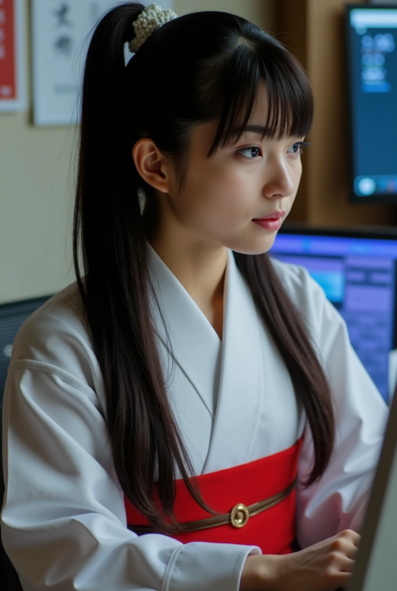 A highly realistic photo of a beautiful pale-skinned Japanese girl with a slender figure, long straight black hair in a ponytail, and natural bangs, dressed in a traditional Japanese shrine maiden (miko) outfit. She sits at a desk in front of a computer, working as a cyber investigator for the police cybercrime division. The lighting is cinematic, casting soft highlights that emphasize her graceful and innocent appearance, blending traditional elegance with a modern high-tech investigation setting.