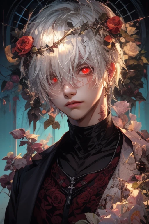 young man, (((male))), (((man))), (((one person))), single, solo, (((white colored hair))), (((red colored eyes))), ((blood red colored eyes)), (medium short hair), (((grey colored skin))), wavy hair, slim figure, ((flat chest)), ((wearing fantasy clothes)), fantasy style, (((wearing flowers in his hair))), ((flowers in hair)), ((pointy ears)), ((spiderlily flowers)), (sunny weather), smiling, black colored flowers, dark red colored flowers, thorns, spikes, warm light, gold colored details, (undead), (happy), (cute face), black colored blood, black blood, black ink splatter, black ink, holding a pocketwatch in hands