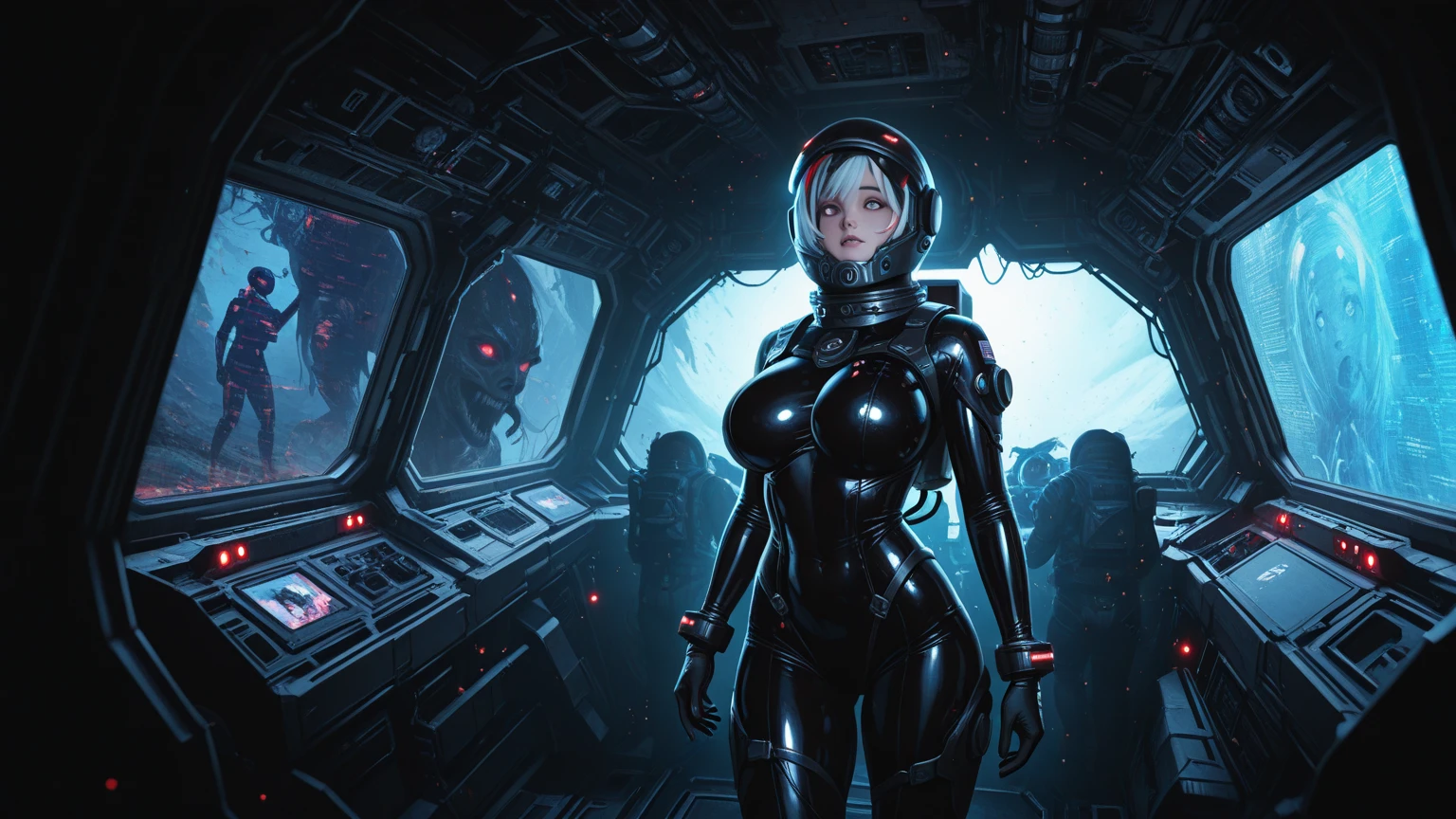 a robotic cop with flashing lights on head, obviously mechanical, large metal sections, police insignia, confronting a ditsy blonde woman age 40, huge breasts, big butt, wet pussy, slut clothing, subway, (best quality,4k,8k,highres,masterpiece:1.2),ultra-detailed,(realistic,photorealistic,photo-realistic:1.37),intricate details,cinematic lighting,dramatic shadows,moody atmosphere,cyberpunk,neon lights,gritty urban setting