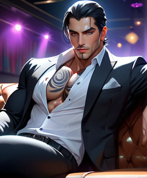 Mafia Noir Casino Gambling Bar Vampire Dominant Alpha Sexy Cute Demon Adult Man with Big Chest Tattoos Slicked Abs