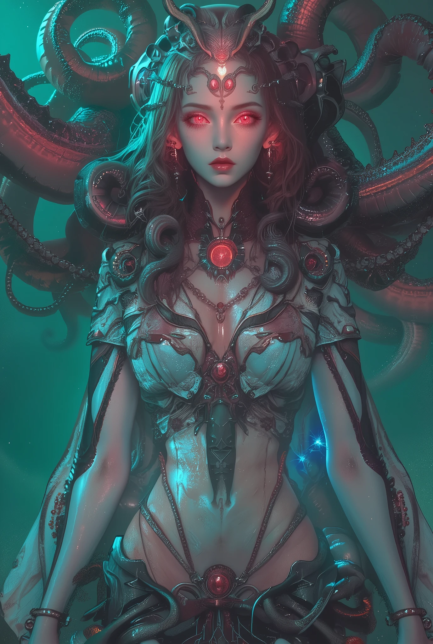 scary and sexy detailed art in color, Portrait, (beautiful and obscene female alien:1.4), (vulgarity1.7), (she has red eyes with no pupils:1.8), (Translucent skin:1.7), (There is a female genital-like organ in the middle of the forehead:1.9), (The most beautiful face in the history of the universe:1.2),an evil gaze that seduces, (large mouth:1.1), (sharp teeth like a vampire:1.2), Full body portrait, (bio luminescent:1.5), (Smile wickedly:1.3), (sexypose:1.5), alien, No humans, cells are fused, (Lots of translucent tentacles:1.3) extraterrestrial, cell, bio image, best quality, 8K,In 4K_quality, High freshness, Dramatic Lighting, masutepiece:1.5,cinematic quality, detail up, (exquisite details:1.2), high resolution, High freshness, drawing faithfully, (Thick eyebrows:1.2), Beautiful eyes with fine symmetry,(Highly detailed face and eyes:1.2), Intimate face, (Super detailed skin quality feeling:1.4), perfect anatomy, (Beautiful toned body:1.5), (Moist skin:1.2), not wearing makeup, (dark circles:1.1), long canines, cinematic drawing of characters, ultra high quality model, cinematic quality, detail up, (exquisite details:1.2), high resolution, High freshness, drawing faithfully, official art, Unity 8K Wall paper, best quality, Very high resolution, ultra detailed artistic photography, midnight aura, unreal engine 5, Ultra Sharp Focus, art by Amano Yoshitaka, ArtGerm, Roisch, intricate artwork, best quality, masterpiece, ultra high resolution, (photos realistic:1.4), ultra realistic realism, dream-like, nautilus, Creation of fantasy, Snail, Dream Snail, (biopunk nautilus:1.3),Thrilling color schemes, ultra realistic realism, seductively smiling, Blue tentacles, Amazing mutation, well-proportioned body, goddess of the deep sea