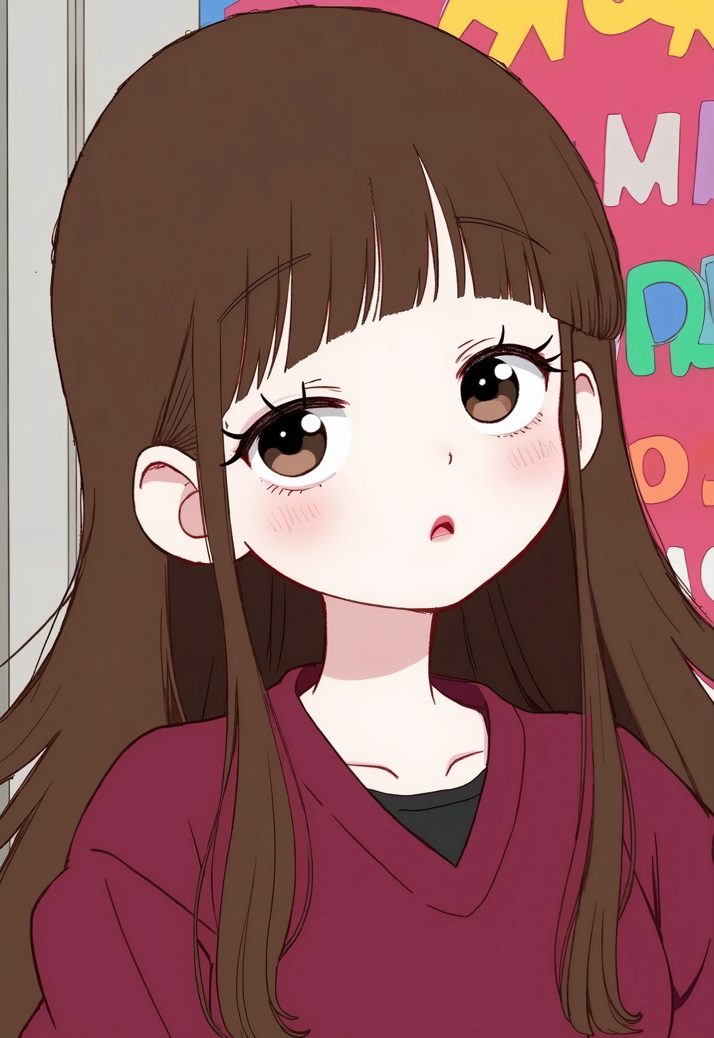 Girl, long wavy and falling brown hair, brown eyes, sharp features, white skin, light cherry lips, beautiful, perfect, elegant looking, wearing a maroon sweatshirt, bright colors, high quality resolution.