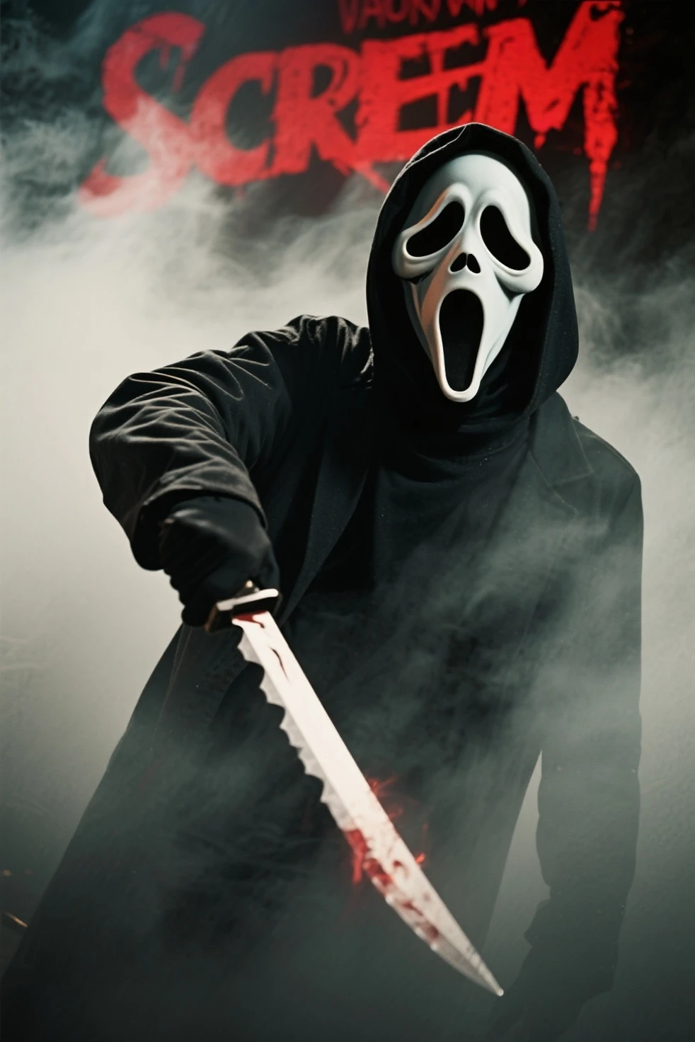 make a picture in a dark forest with a man with a gostface mask and a mysterious hand holding a knife with the word killerzinho written in Portuguese on the knife with blood 