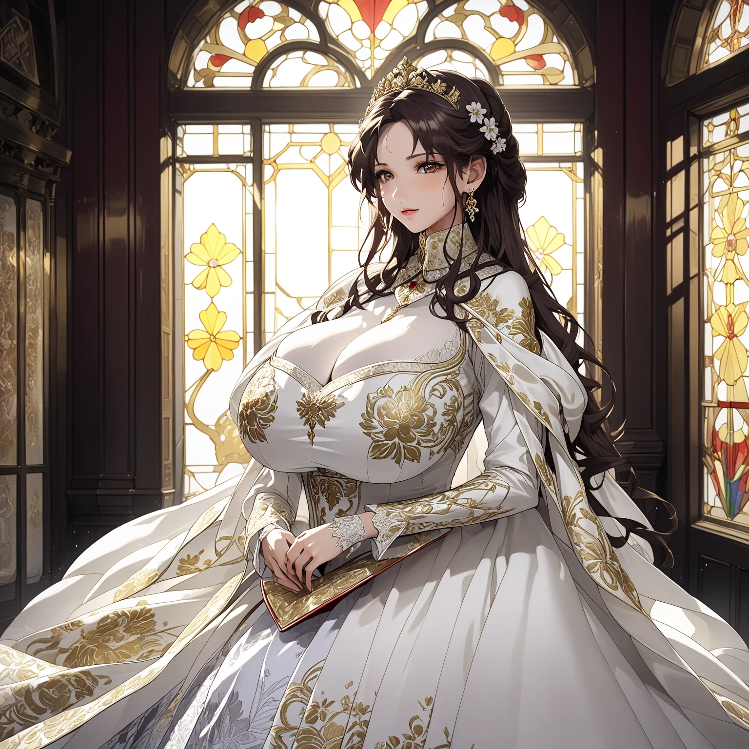 ((anime artstyle)),(Masterpiece),(Best Quality), (Super Detail),((Very Delicate and Beautiful)),cinematic lighting,1 lady,((full body portrait)),((standing in garden)),((solo)),(((1 princess in beautiful embroidery and jeweled extremely gorgeous princess rococo ballgown with voluminous full length hoop skirt))),((crinoline)),long train,((beautiful embroidery and jeweled)),voluminous frills,See-through,(gorgeous embroidery and beautiful lace),(((extremely gigantic tits,skindentation))),cleavage,((large amount of straight hair,extremely voluminous Hair,Very Long Straight Hair)),(finely detailed face and eyes),clear pupil,extremely gorgeousfull hair ornament,(bling-bling jeweled extremely gorgeousfull tiara),(bling-bling gorgeous gemstone jewelry),long veil,(beautiful background),(full body),((beautiful embroidery and jeweled extremely gorgeous princess rococo ballgown with voluminous full length hoop skirt))