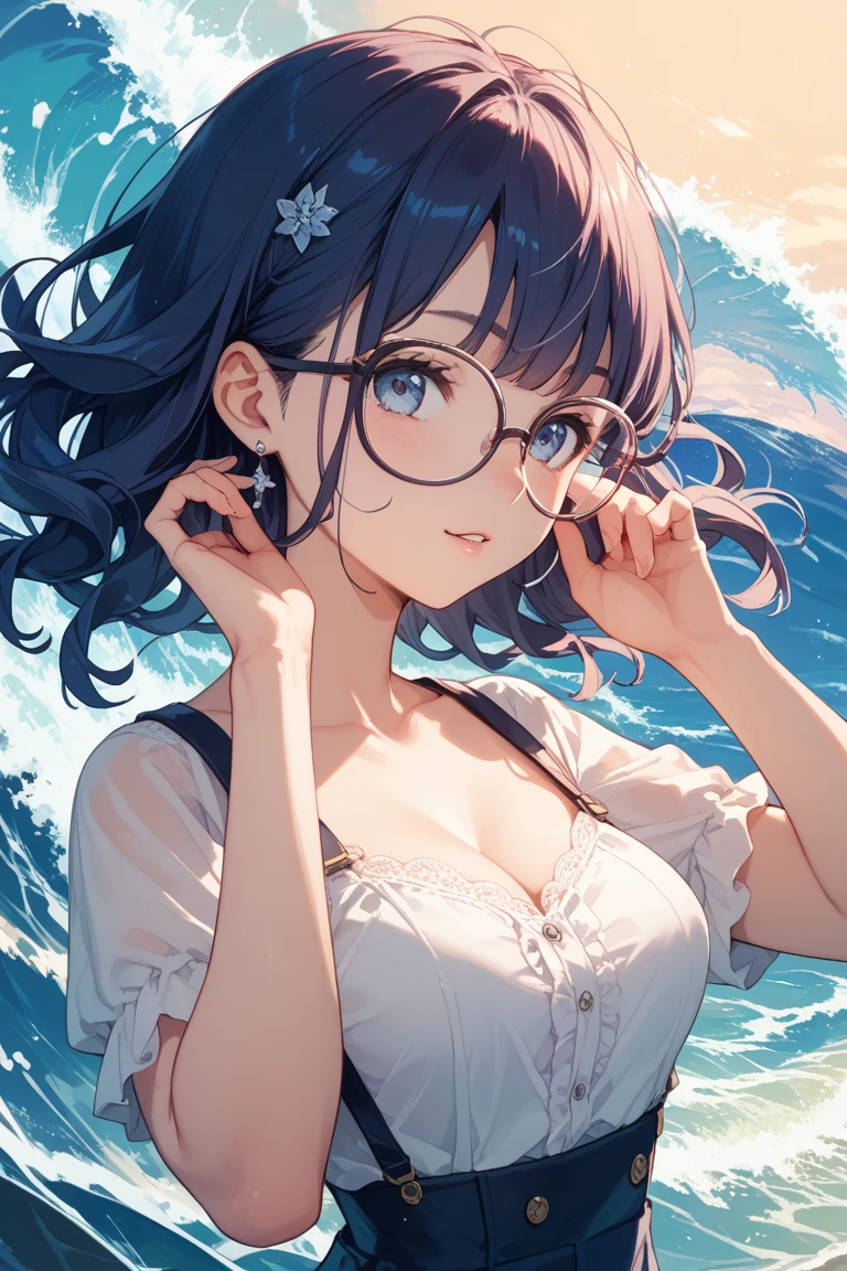 best quality, ultra-detailed, high resolution, extremely detailed cg, anime picture, pov, konori mii, embarrassed, dark blue hair, blue eyes, round glasses, (detailed and beautiful shiny white bikini with black dots, frills), contrapposto, crossed arms or covering chest by hand or hand on hip, sunny beach, shiny hair and skin, detailed and beautiful shiny clothes, perfect body <lora:Painterly-Style_LoRA:0.7>