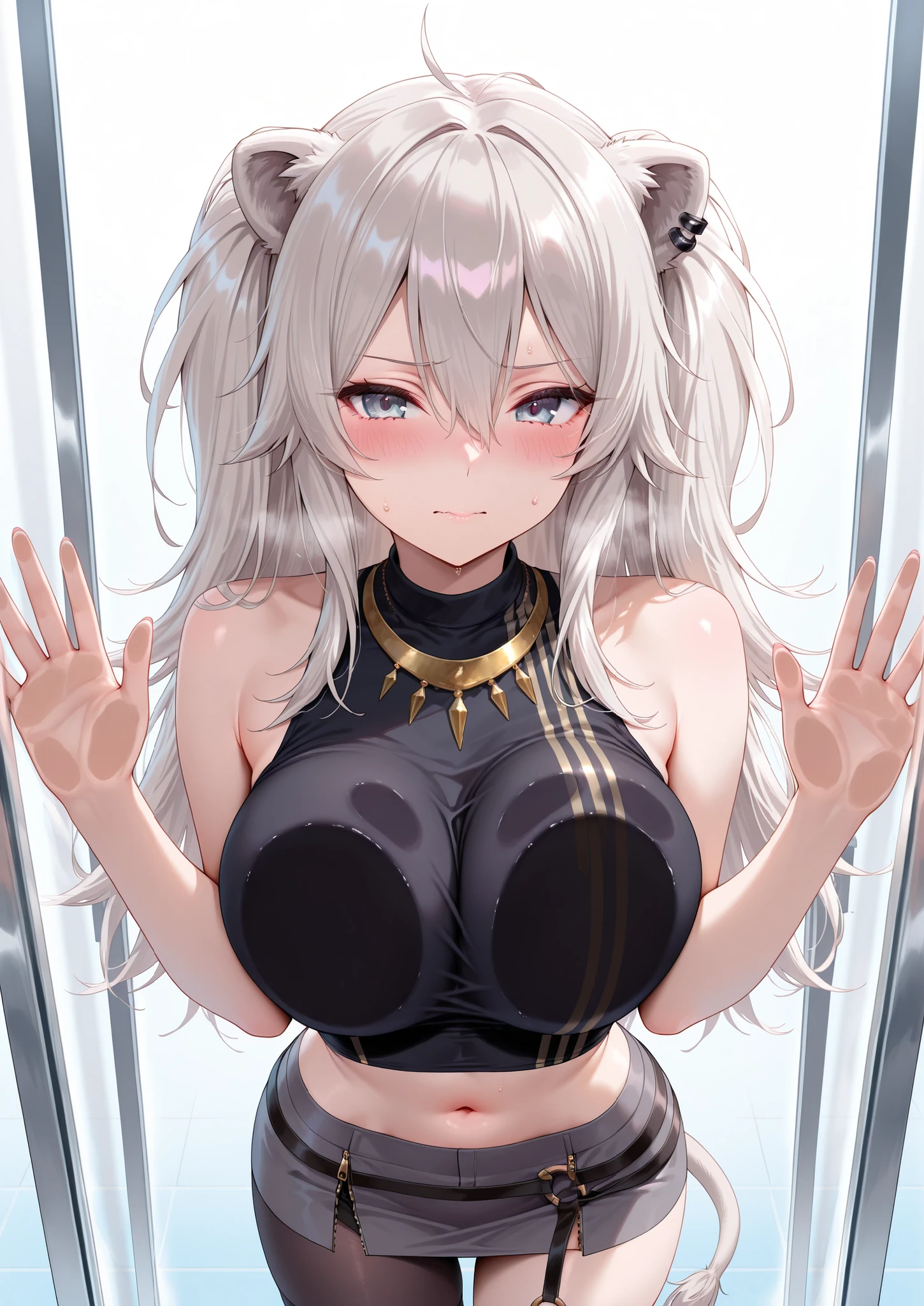 solo,masterpiece,best quality, amazing quality, highres, absurdres, very aesthetic, high resolution, ultra detailed, perfect details,botanIL, ear piercing, lion tail,botandef, long hair, navel, hair between eyes, two side up, black shirt, midriff, grey skirt, necklace, bare shoulders, miniskirt, single leg pantyhose, black pantyhose, sleeveless shirt, o-ring,,(masterpiece, detailed:1.2),、against glass,breasts on glass、cheek press、embarrassed、arms up、breast press
