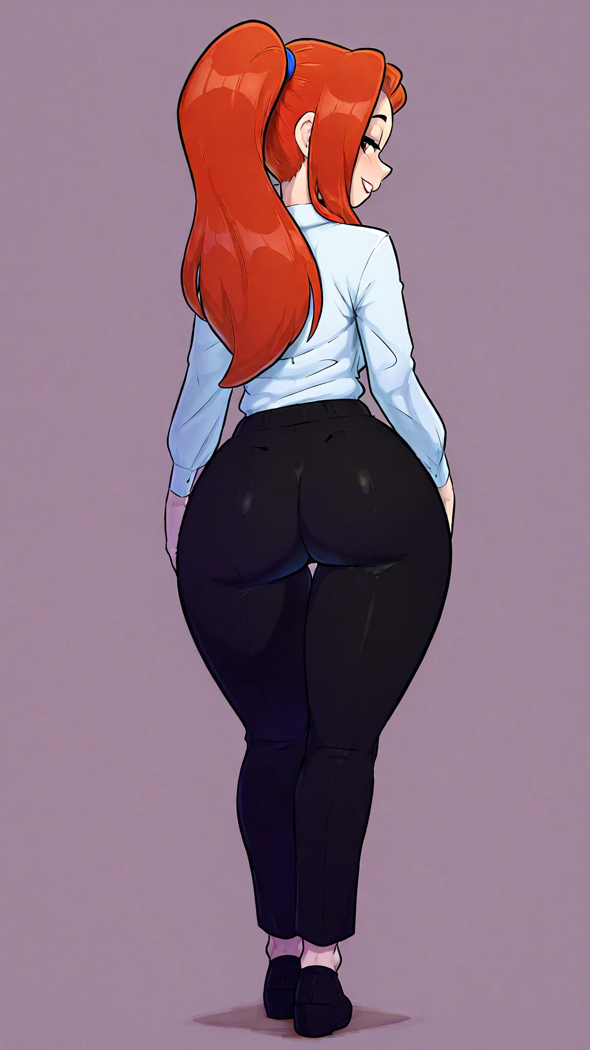 Red haired Latina in grey sweater and white high cut panties, anime art style, detailed wrinkles