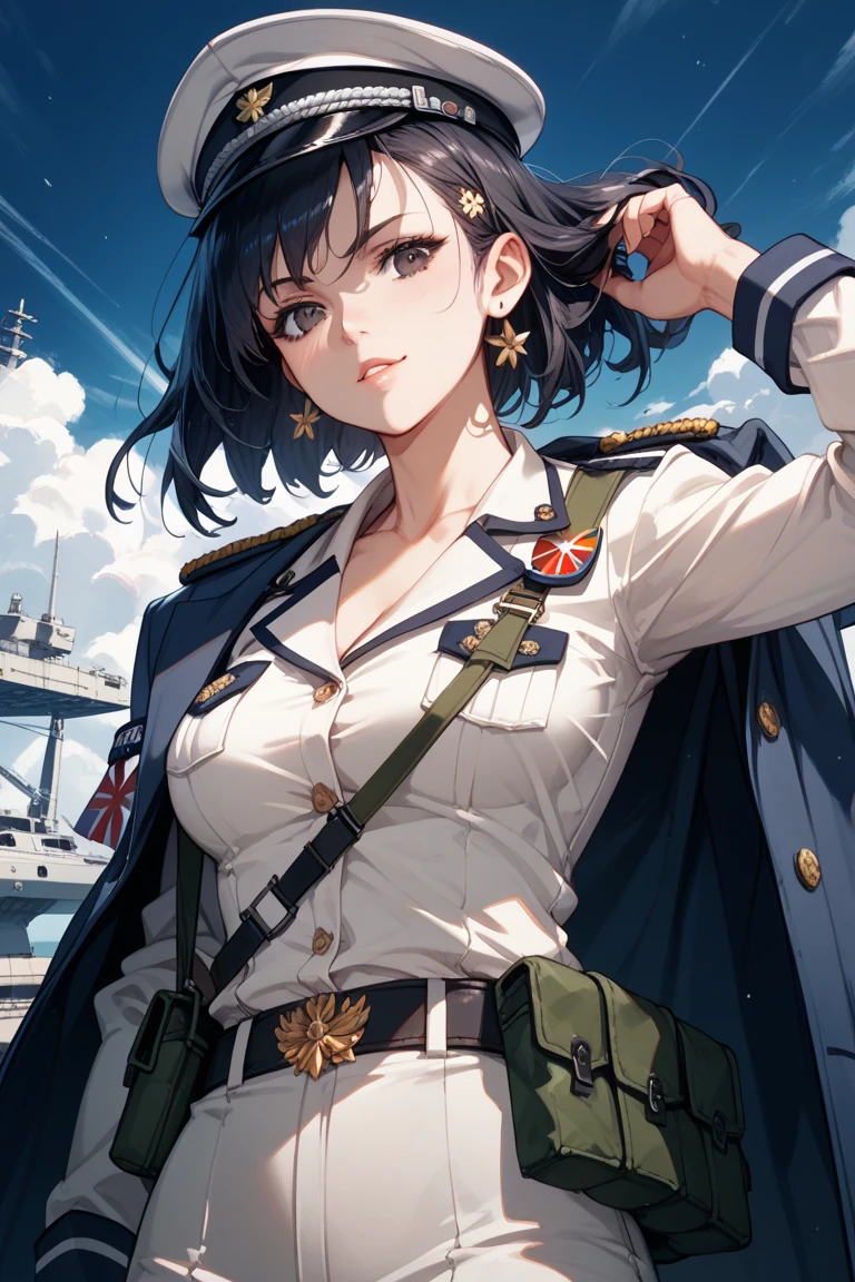 (double braids and bangs: 1.8), (most realistic facial details, referring to the WWI Russian Army Commander&#39;s uniform: 1.5), a 28-year-old woman with big breasts and black eyes. Dark, dark black hair, thick red glasses, dressed modestly. as the supreme commander stood In the middle of the runway and watching the plane take off, masterpiece, realistic, sci-fi science fiction, beautiful eyes, realistic sci-fi movie, (remote camera), CG face decoration, realistic