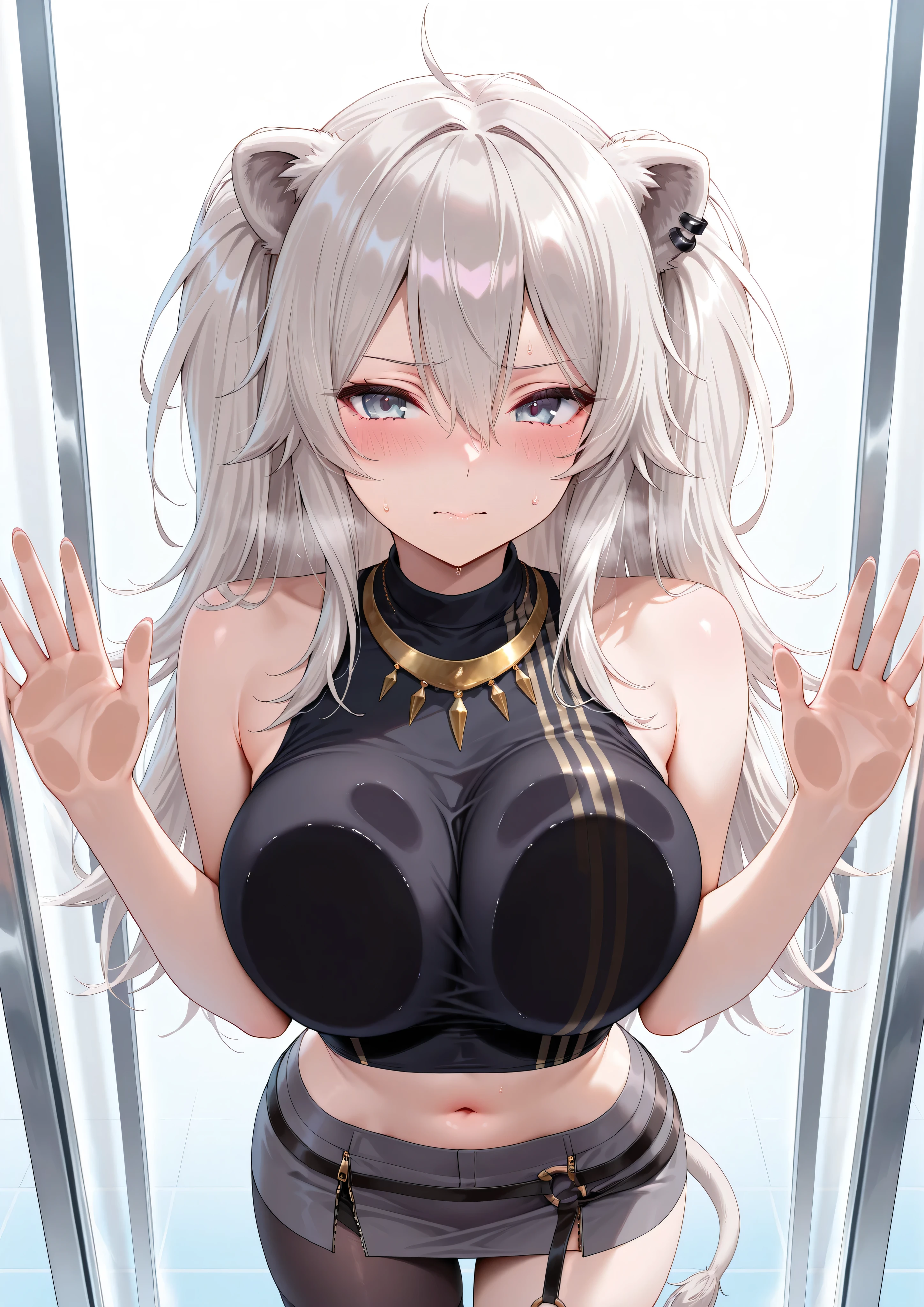 solo,masterpiece,best quality, amazing quality, highres, absurdres, very aesthetic, high resolution, ultra detailed, perfect details,botanIL, ear piercing, lion tail,botandef, long hair, navel, hair between eyes, two side up, black shirt, midriff, grey skirt, necklace, bare shoulders, miniskirt, single leg pantyhose, black pantyhose, sleeveless shirt, o-ring,,(masterpiece, detailed:1.2),、against glass,breasts on glass、cheek press、embarrassed、arms up、breast press