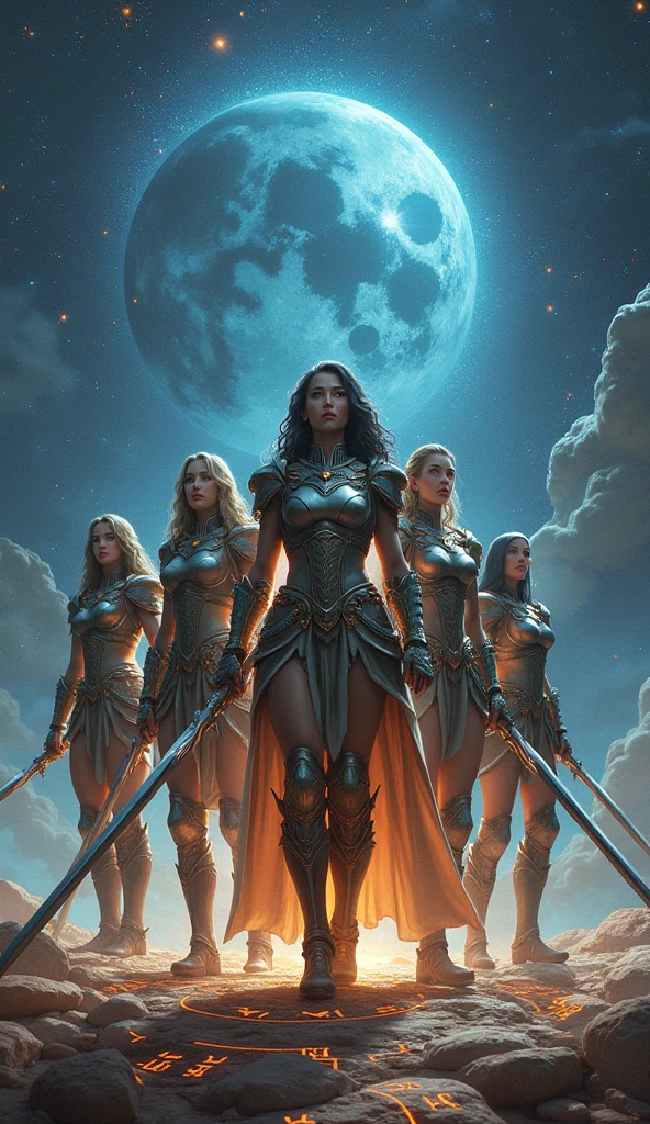 wide angle photo of a beautiful young woman dressed in armor in a fantasy world at night
