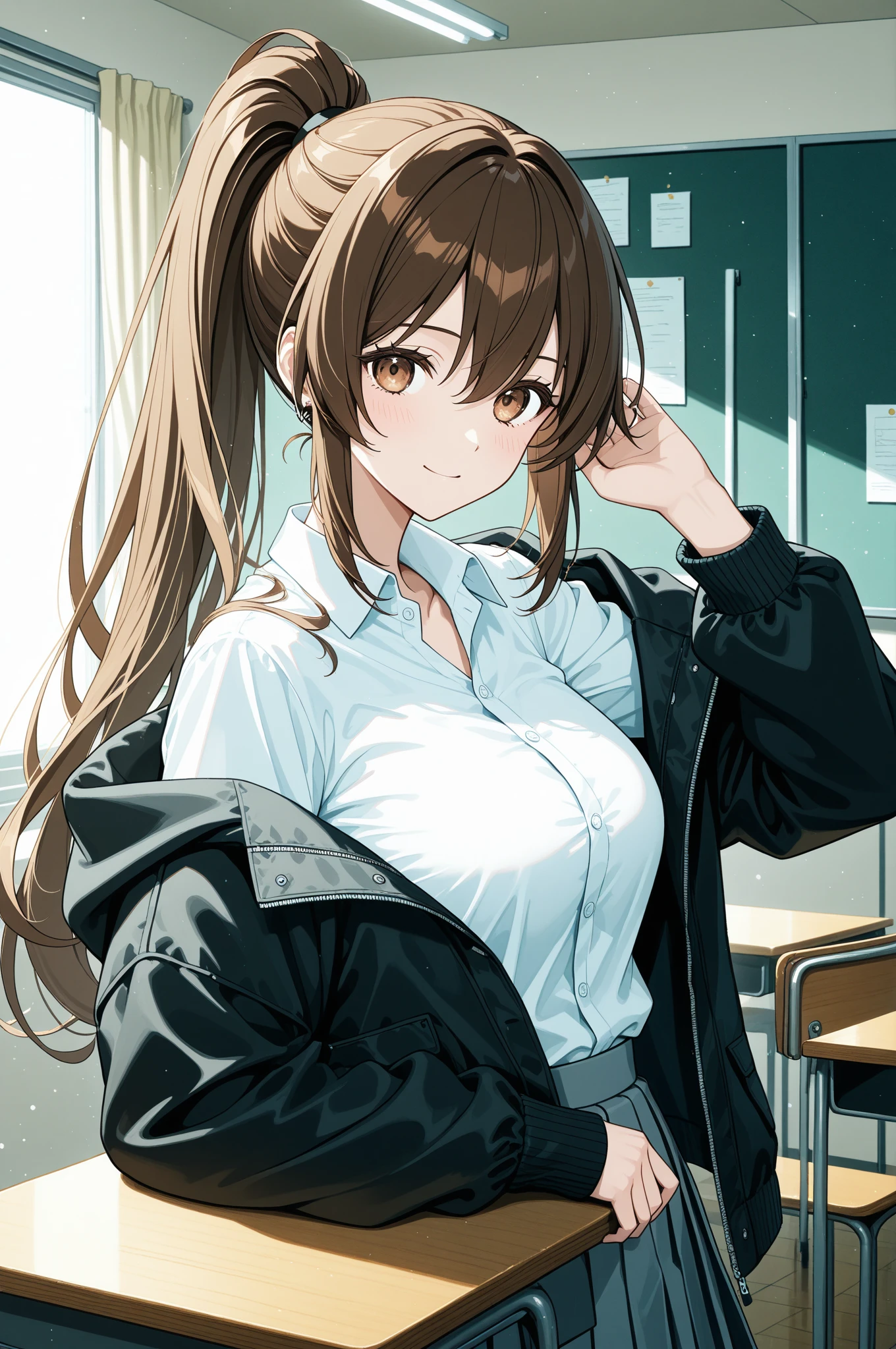 (adult), (woman) ((tall)), ((Elana From Library of ruina)), masterpiece, best quality, very aesthetic, absurdres, shiny skin, Perfect face, Perfect shadowing, Perfect cloathing, skindentation, brown hair, messy fuss hair, short pum pony tail, red eyes, plain white shirt, Yellow coat, black pants, leather side backpack, (faint smile), realistic anime style, ((draw by Asura)).