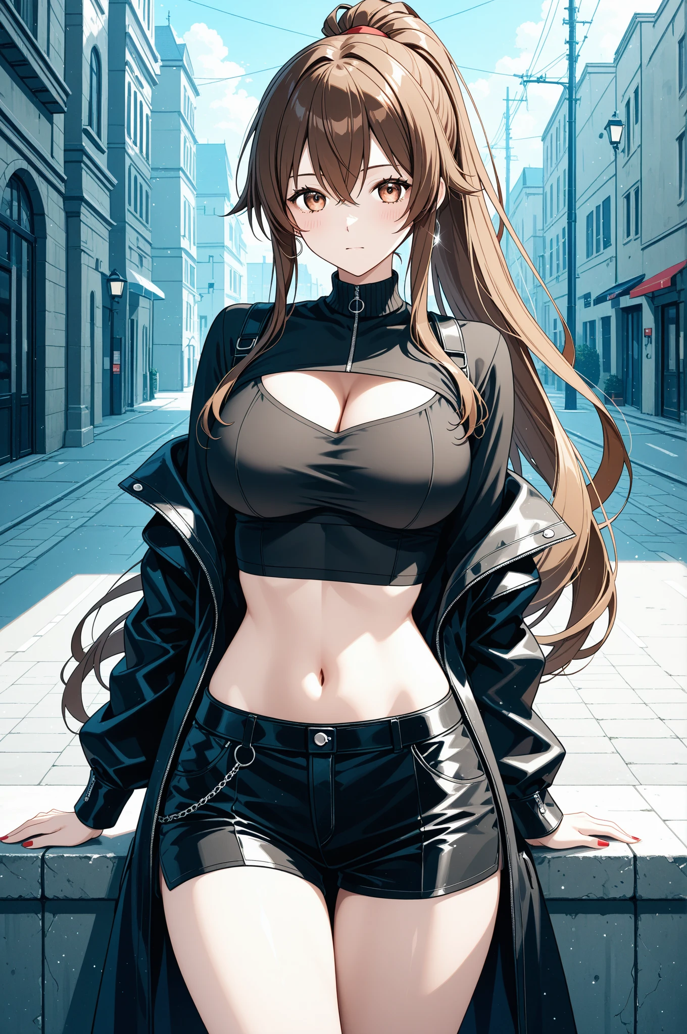 one Rebecca wearing punk clothes and chains, mature woman, long brown hair, blue eyes, large , disgusted look, [ 4 k digital art ]!!, seductive anime girl, deviantart artstation cgscosiety, trending on cgstation, 8k high quality detailed art, photorealistic anime girl render, kawaii hq render, commission for high res