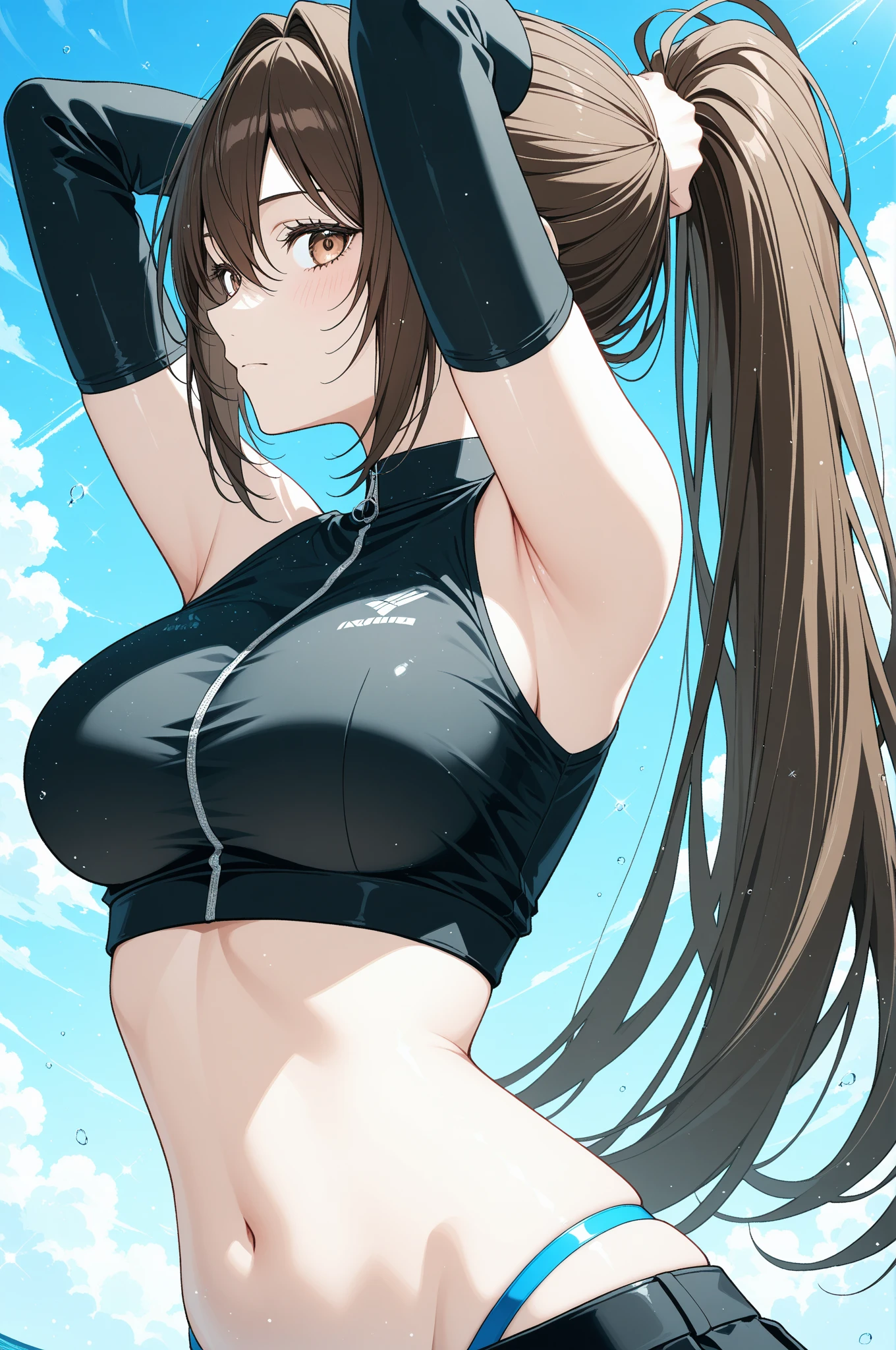 (masterpiece, best quality:1.2), expressive eyes, perfect face, highres, 1girl, solo, (female:1.5), issei_hyoudou, long hair, brown eyes, sport bra, sport pants, ponytail, midriff, blushing, nervous, standing, cowboy shot, looking at viewer
