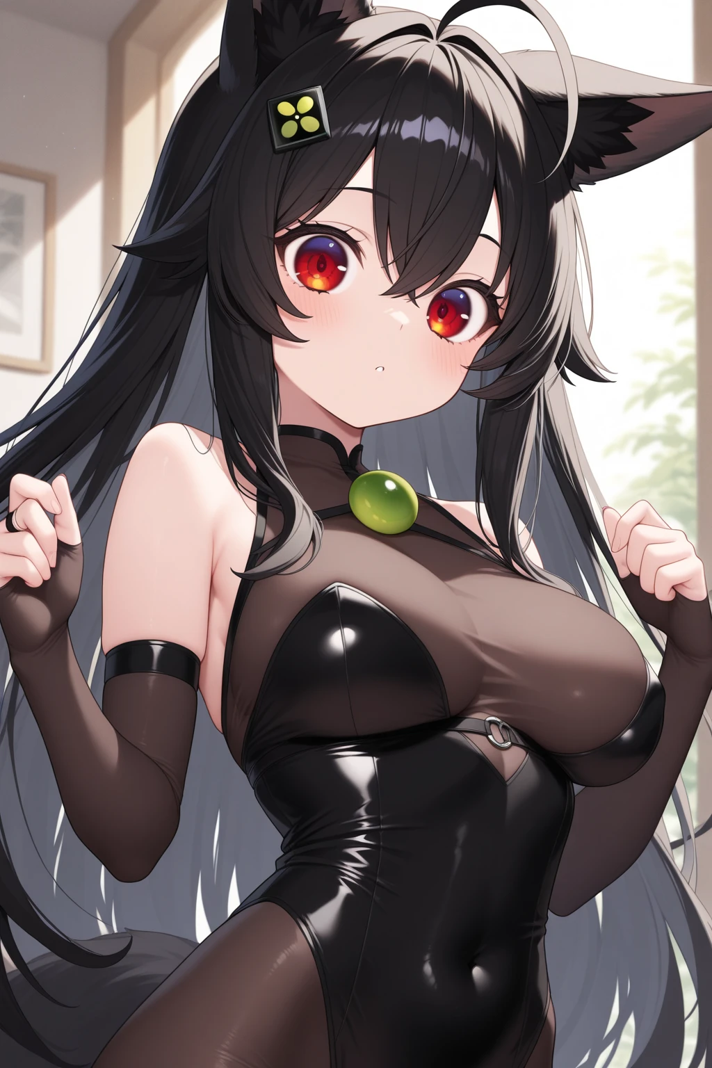 (masterpiece), 1girl, solo, standing in a forest, arrogant face, looking at viewer, front, big breasts, front, cleavage, Mirai, short girl, one eyepatch, evil smile, breast focus, smirk, height 145cm
