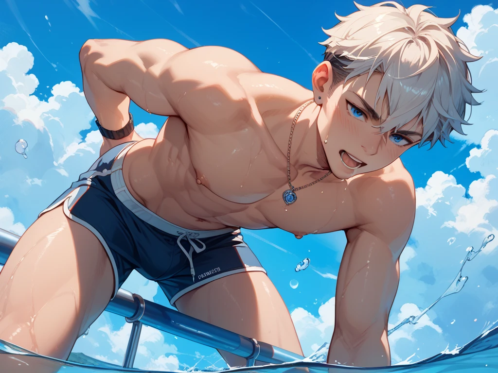 On the edge of the pool, a naked male, ground ruffian, high school student, sticking out his tongue, lewd laughing, swimming briefs, spitting white liquid out of his mouth, holding his crotch with one hand, seducing, solo