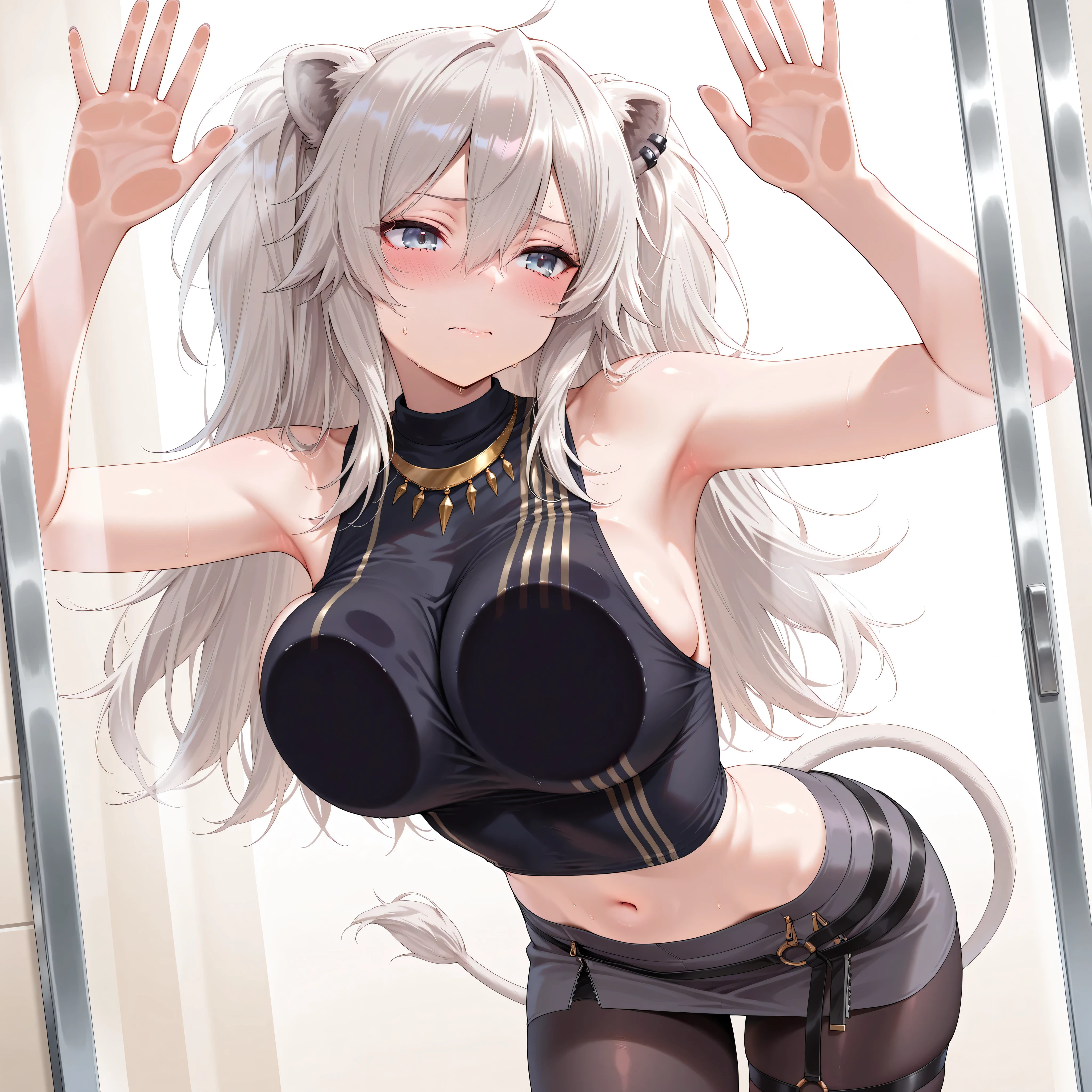solo,masterpiece,best quality, amazing quality, highres, absurdres, very aesthetic, high resolution, ultra detailed, perfect details,botanIL, ear piercing, lion tail,botandef, long hair, navel, hair between eyes, two side up, black shirt, midriff, grey skirt, necklace, bare shoulders, miniskirt, single leg pantyhose, black pantyhose, sleeveless shirt, o-ring,,(masterpiece, detailed:1.2),、against glass,breasts on glass、cheek press、embarrassed、arms up、breast press