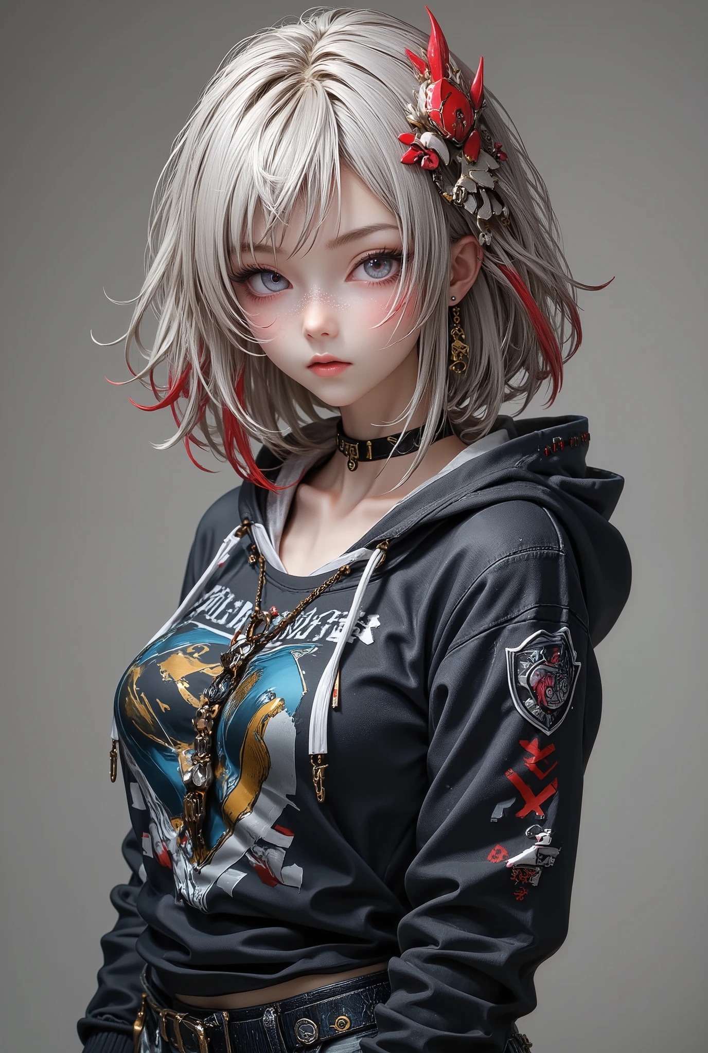 space, sci-fi, (hooded sweatshirt:1.1),((masterpiece)), ((best quality)), (ultra-detailed), ((extremely detailed)), 4K, (8K), best quality, (beautiful), extremely detailed,young woman, 1 woman, solo,bob cut,side braid,(two-tone coloring:1.6),beautiful white hair,(beautiful red hair),beautiful pink eyes, beautiful lips,(small breasts:1.2),slim, sad smile, earrings,(Lots of earrings),Ear Body Piercing 3D rendering. colorfull