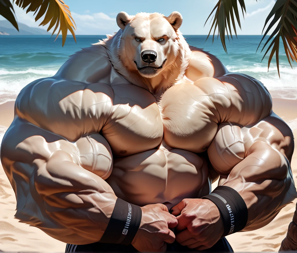 beach, extremely huge muscular, massive muscular, full-body, well-muscled old grizzly bear in shirtless and topless. ((extremely muscle size, super thick arms, huge pectoral, extremely wide pectoral , huge arms)). and add details to make it attractive and interesting. Add textures and details to make the image more realistic, such as the appearance of the brown fur texture and the appearance of the brown skin. Make sure the resulting image is high resolution, 8K quality."