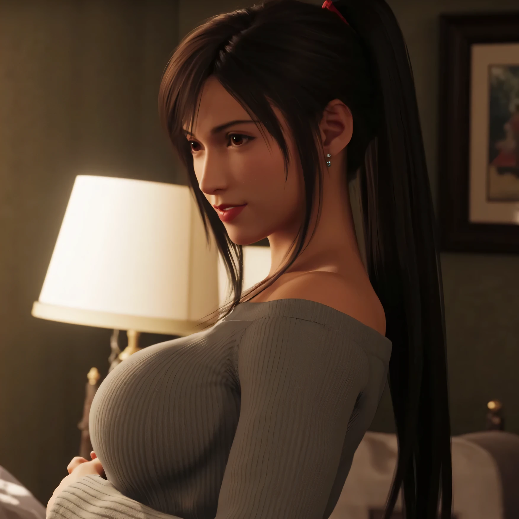 (watch viewers) (Lola:tifa lockhart) (8K)()(1 person,solo)(1 personの写真)(brown hair)(Red Lips)(High Ponytail)(Smile Yan)(off-shoulder sweater with long sleeves to hide hands)(earrings)(white light 1:2)(big boobs 1:2)(Home living room background)