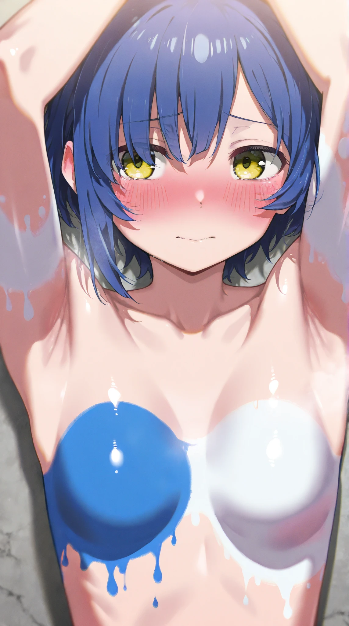 masterpiece, best quality,anime style, 1 girl,(((slender body))), (((small eyes,small breast))),(((baseball uniform))),((((cum)))), (beautiful face), (((short hair))), (((straight hair))), ((((blue hair)))),detailed beautiful skin, (perfect hands, perfect anatomy)