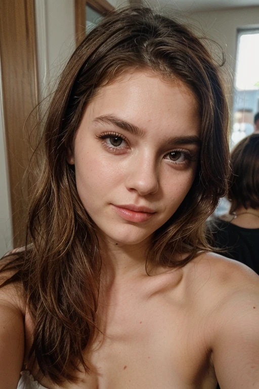 ((best quality)), ((Meisterwerk)), (Detailliert), Perfektes Gesicht(best quality)), ((Meisterwerk)), (Detailliert), Perfektes Gesicht,stunning realistic, photorealistic, photorealism, 1 beautiful spain girl,small nose,17 years old,Brown long hair,light curly hair,beautiful grey and hazel eyes,light sixpack, nude ,skinny, tanned, sweating, messy hair after 3 hours having sex with 3 men