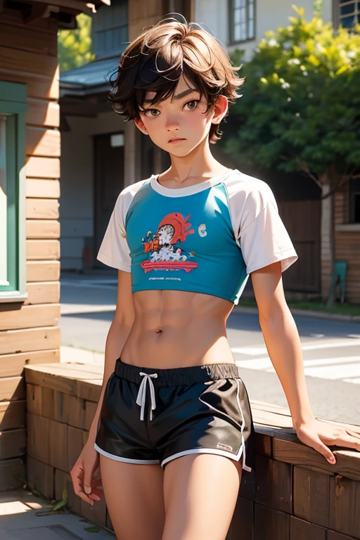 Teen boy 14 years old, boy wears a crop top and too very short shorts,