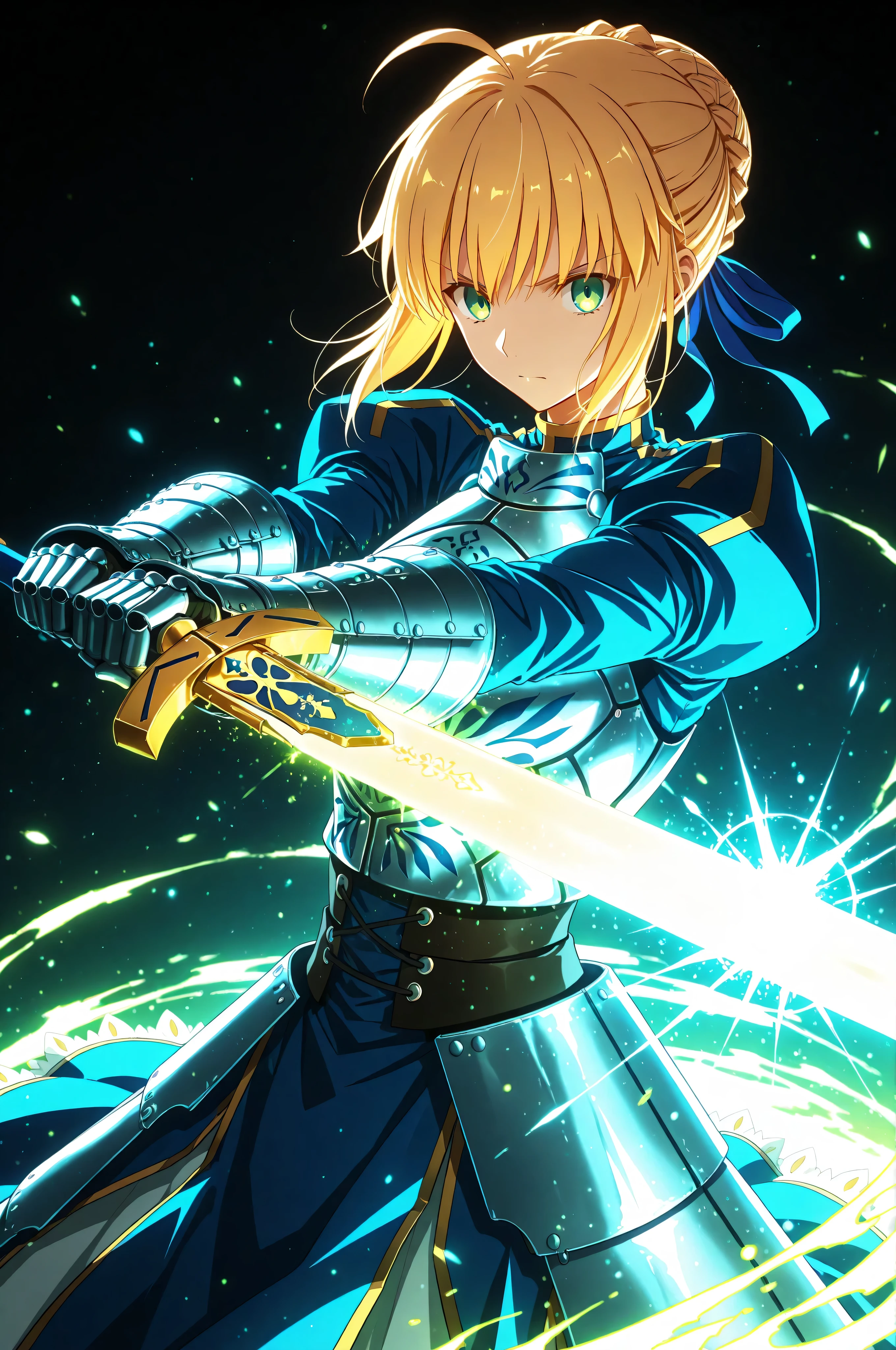 masterpiece, best quality, weapon, holding sword, 1girl, saber, fate_(series), 1girl, blonde_hair, green_eyes, tied hair, SHN journey, neon art, neon colors, glowing, glow effect, bright outlines, vibrant colors, high contrast, dark background, digital art,
