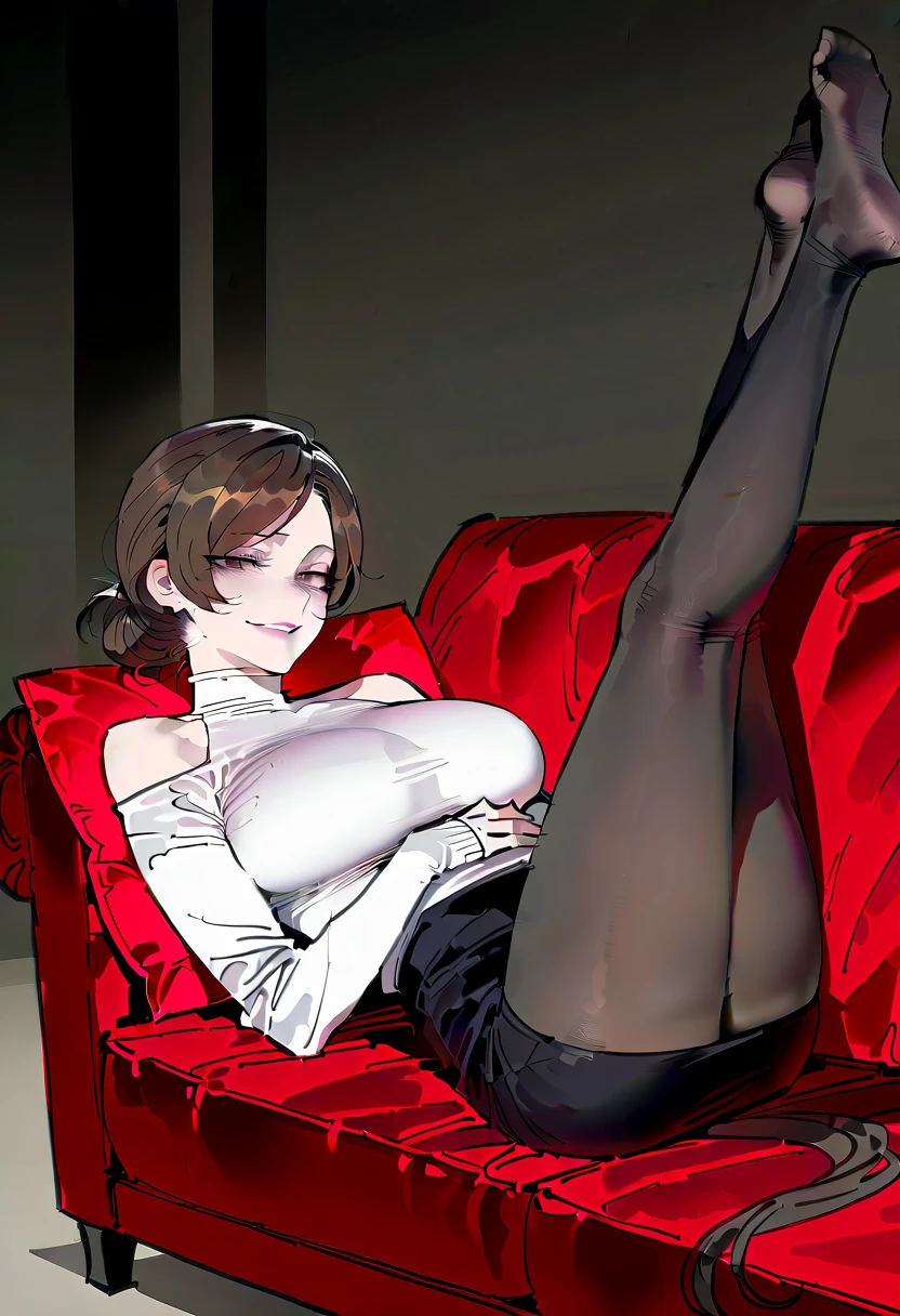 Best Quality, Masterpiece, mqmf, Alone, WakatsukiRisa sitting on a leather chair in the school office, black fur, short hair, make up, lipstick, eyelashes, purple eyes, naked,black thighs, legs open, garter belt,high heels, naked, unclothed, smiling,thick thighs, holding a pencil,window. Desnuda con las legs open mostrando la vagina.