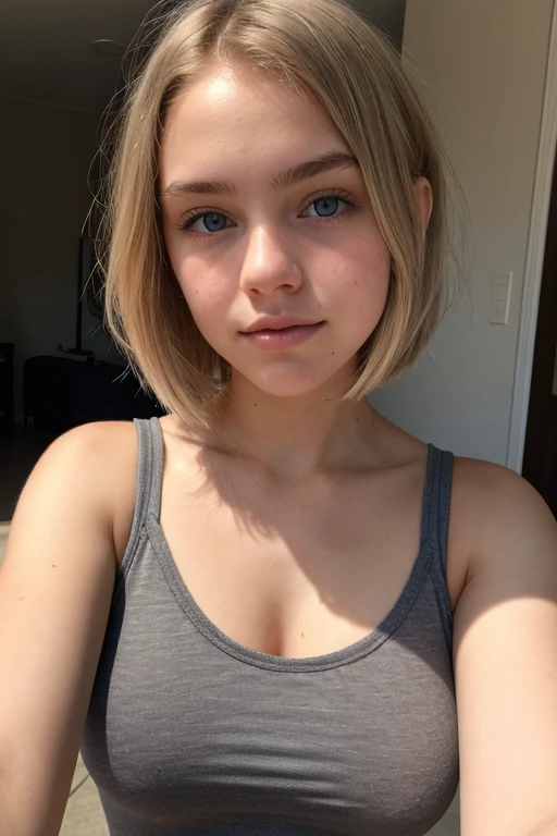 19 yo blonde teen girl . Full lips. Eyes wide. Very short hair, wearing a tank top