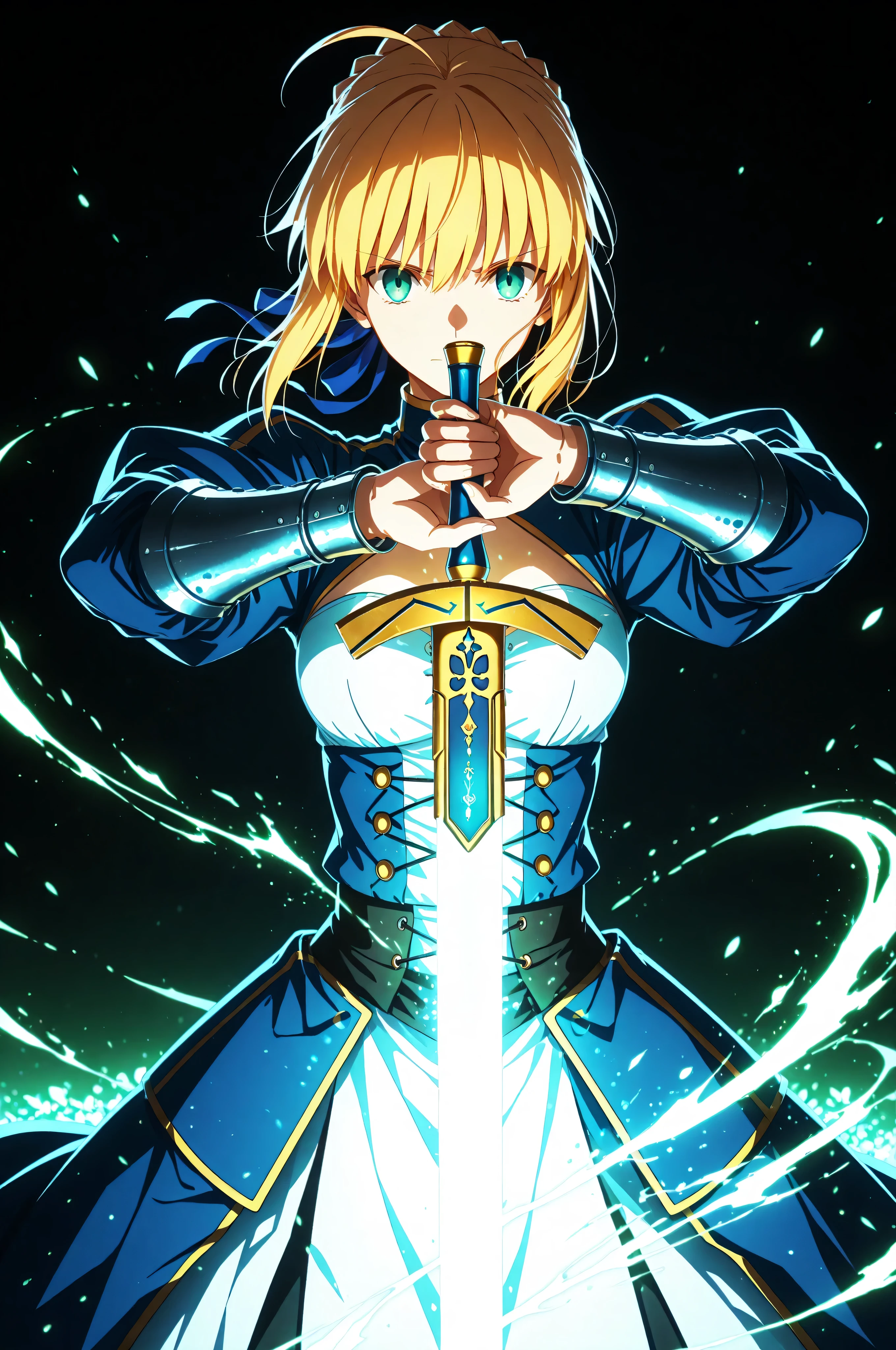 masterpiece, best quality, weapon, holding sword, 1girl, saber, fate_(series), 1girl, blonde_hair, green_eyes, tied hair, SHN journey, neon art, neon colors, glowing, glow effect, bright outlines, vibrant colors, high contrast, dark background, digital art,