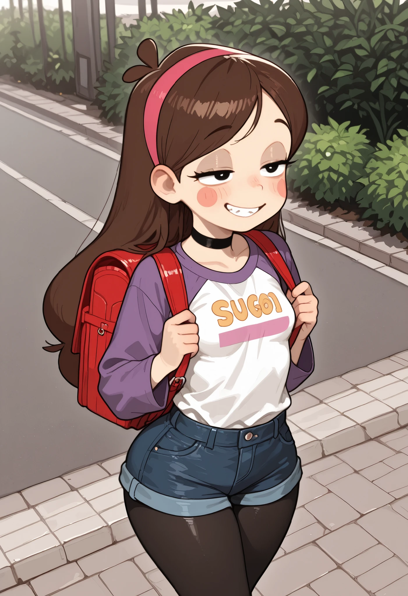 Mabel Pines, blush stickers, brown hair. black eyes. half-closed eyes, small breasts, huge hips. long eyelashes, choker. | Score 9, Score 8, Score 7, Masterpiece, Superior Quality, Amazing Quality, Masterpiece, Maximum Quality, Ultra-detailed, Alone, White Frame, Maximum Contrast, Saturated Color, Bright Colors, Dynamic Lighting, sugoi dekai, white shirt, raglan sleeves, long sleeves, black pantyhose, black legwear, denim shorts, on the street, sidewalk, bushes in the background, happy, red backpack, playing on the road, mischief, making fun