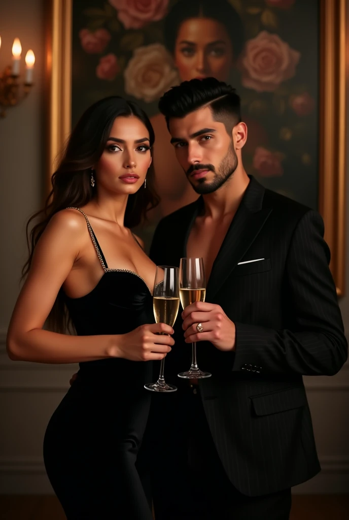 Couple in love, in dark outfits , they have beautiful crystal glasses in their hands, high quality, photographic photographicity, 4K
