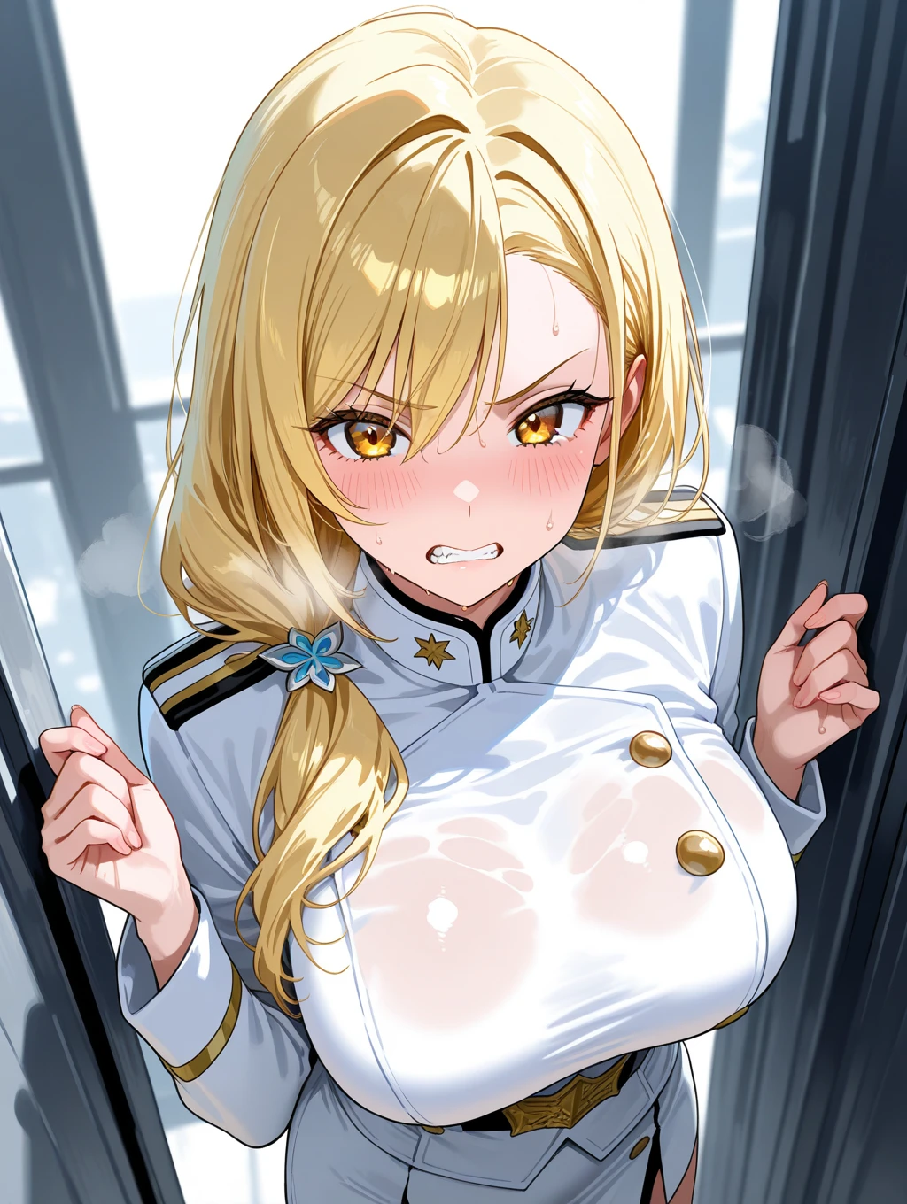 ((((Uniform torn and skin exposed))))、(((((have sex and ejaculate)))))、(((((Spread your legs and straddle)))))、Nipples protruding from the bra、((((feel shy))))、((a blond))、、beautiful Girl、Large beautiful breasts、cleavage of the breast、A slender、オマンコ、(((((seduce lewdly)))))、((Inside the bustling city))、((smil))