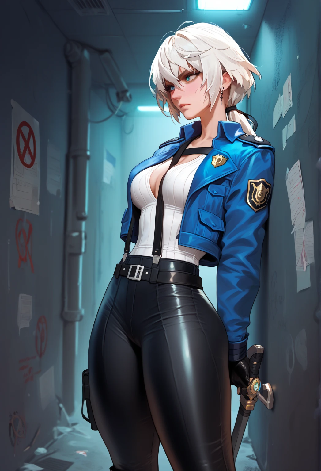 angelkof, white hair, short hair, blue eyes, 
 cropped jacket,  navel, zipper, fingerless gloves, underwear,  chaps, cleavage,   
standing,  upper body,  from below,   light smile, full body shot,
city,  concert,   night, 
(insanely detailed, beautiful detailed face, beautiful detailed eyes, masterpiece, best quality),solo,