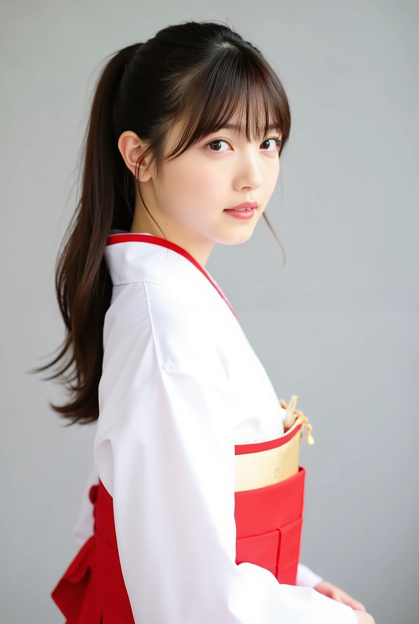 A hyper-realistic portrait photo of a beautiful Japanese female idol with a slender figure. She has long, wavy hair styled in a high ponytail. She is wearing an elegant shrine maiden (miko) costume, blending traditional Japanese elements with delicate modern styling. The image is composed like a professional bromide idol photo, with soft, flattering lighting and a carefully posed expression that captures both charm and grace. The background is simple and studio-like to keep the focus on her.