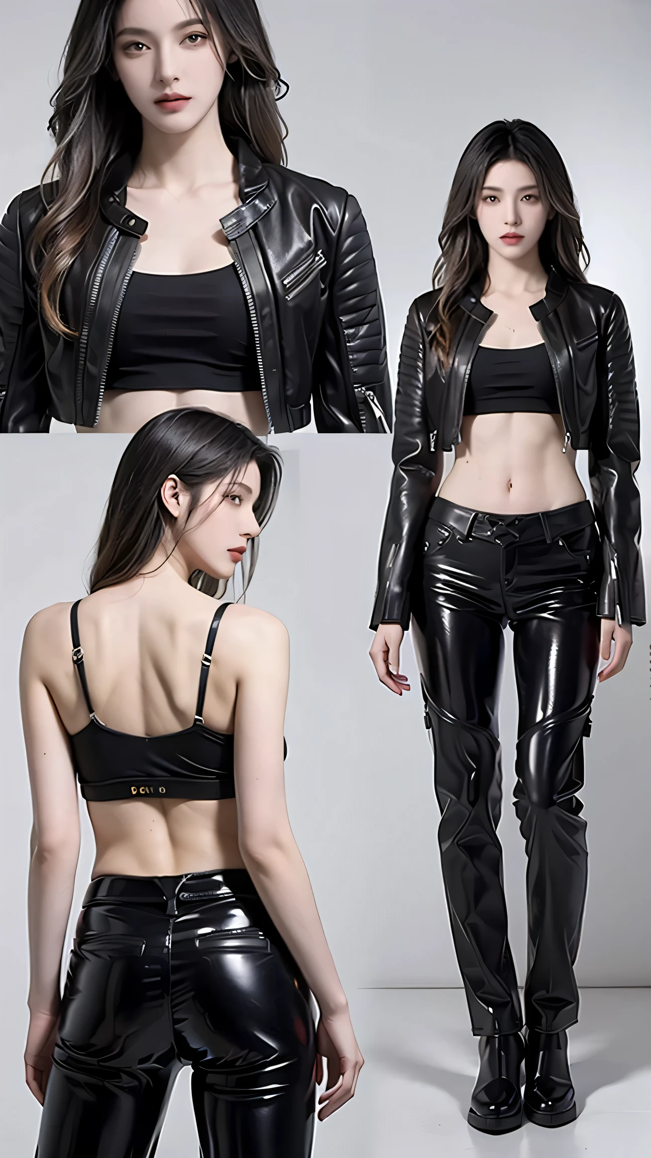 (masterpiece), best quality, HD, 4K, perfect face, black hair, smile at viewer, yellow eyes, hetero, torned dirt leather Jacket, hairband, black long hime hair, hime cut, arrogant stare, collarbone, prostitution, muscular slim, ABS collarbone, dirty booty, face, (botox lips), shopping, tall, slender brunette, fashionable tight leather pants, milf adult, a corresponding leather jacket unzips her leather jacket, revealing her cotton sports bra and bare stomach underneath, buying groceries, angell, she removes the jacket to reveal her bare stomach, ((causing chaos everywhere)), ((mall supermarket background)), (smug smile), very aesthetic, newest, highres, multiple views sheet, concept art, reference sheet, character profile, character chart, multiple views, multiple expressions, turnaround, reference sheet, concept art, multiple views, zoom layer, measurements chart, seduction, data, portofolio