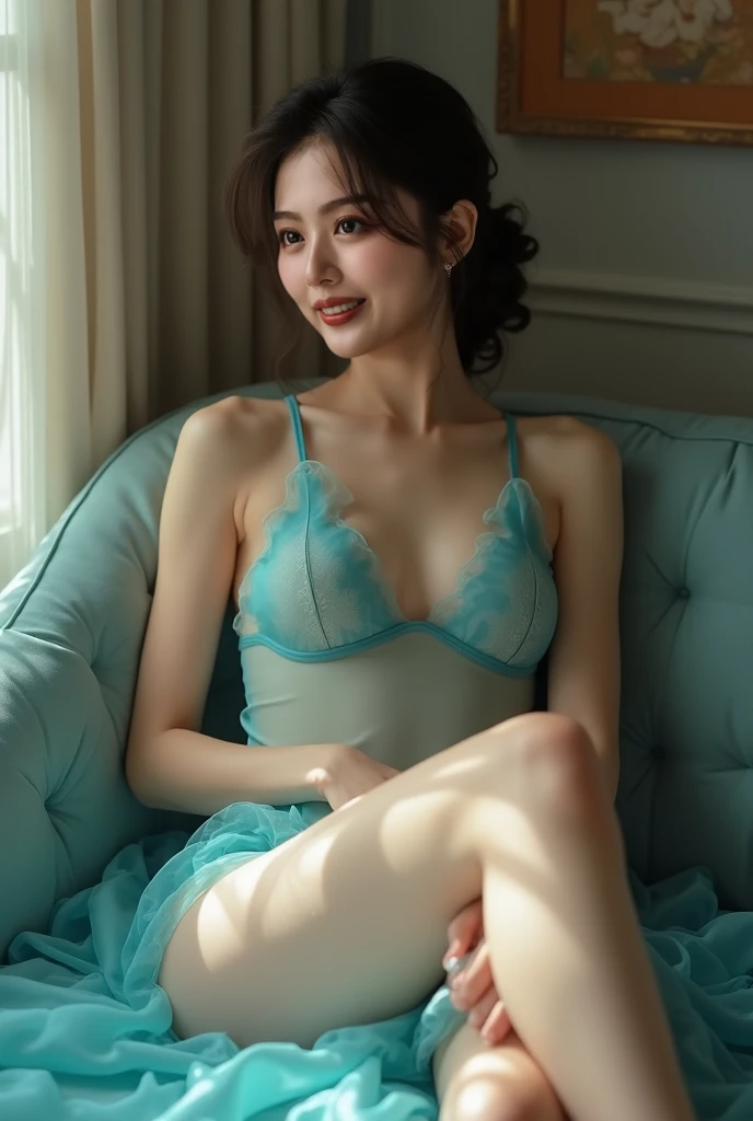 ((highest quality, 8k, masterpiece :1.3)), One girl, Thin Belly、Beautiful woman :1.3, (Random Hairstyles :1.2), Body-tight lingerie dress negligee:1.2, Highly detailed face, Fine grain, double eyelid, Underarm、Put your hands behind your head、smile、Looking at the camera、Small breasts、Small breasts、Very thin、young woman