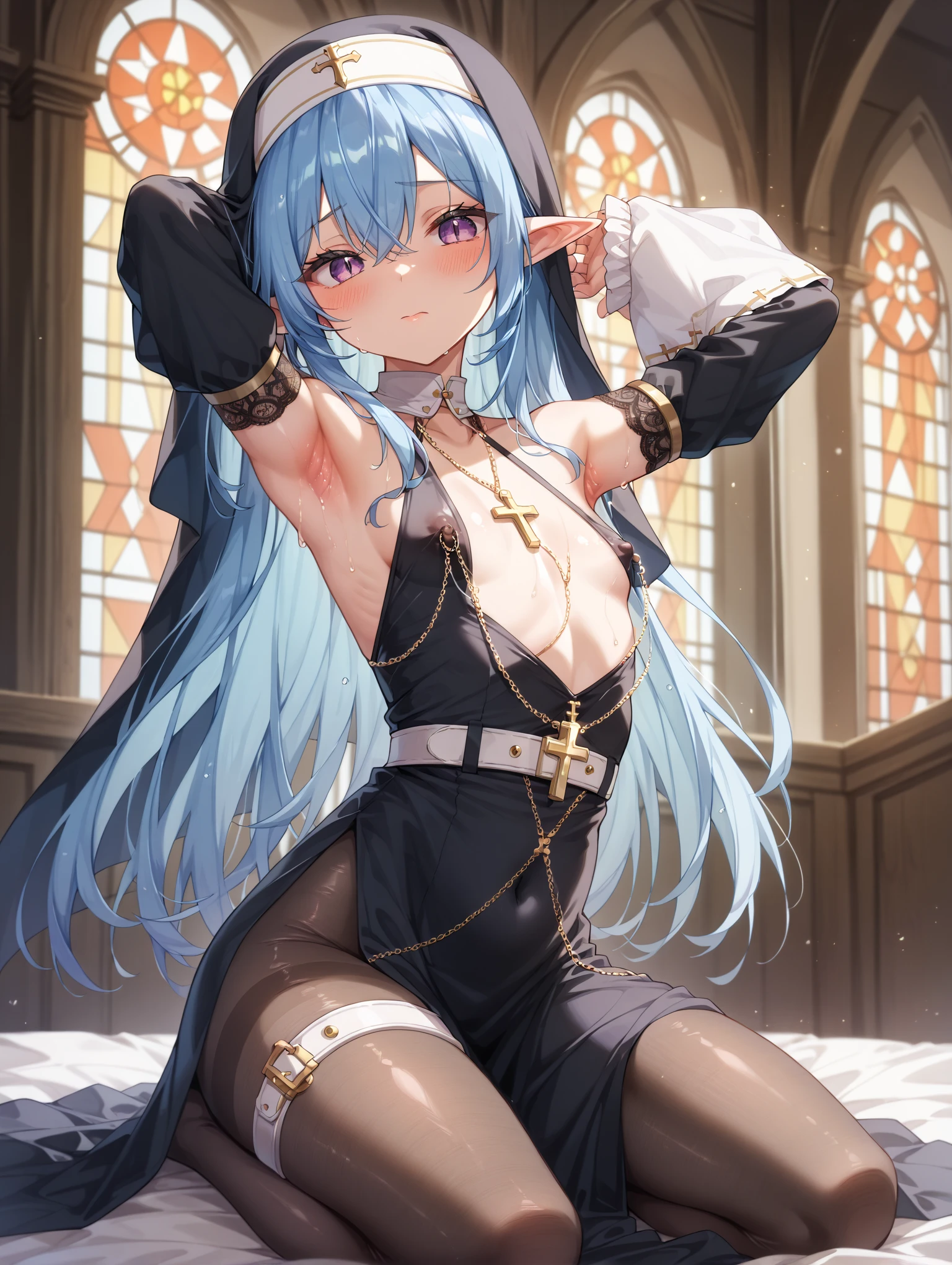 moody lighting, beautiful elf woman, (platinum blue hair), ((very long hair)), perfect face, innocent smile, (red eyes), (naked), (petite), (slender), ((flat chest)), ((18 years old)), skindentation, extreme detail, attractive oval face, pink lips, pink nipples, glossy skin, detailed hair, face focus, close-up chest, gold ornamental necklace, earrings, (1 girl), blush, embarrassed expression, ((facing viewer))