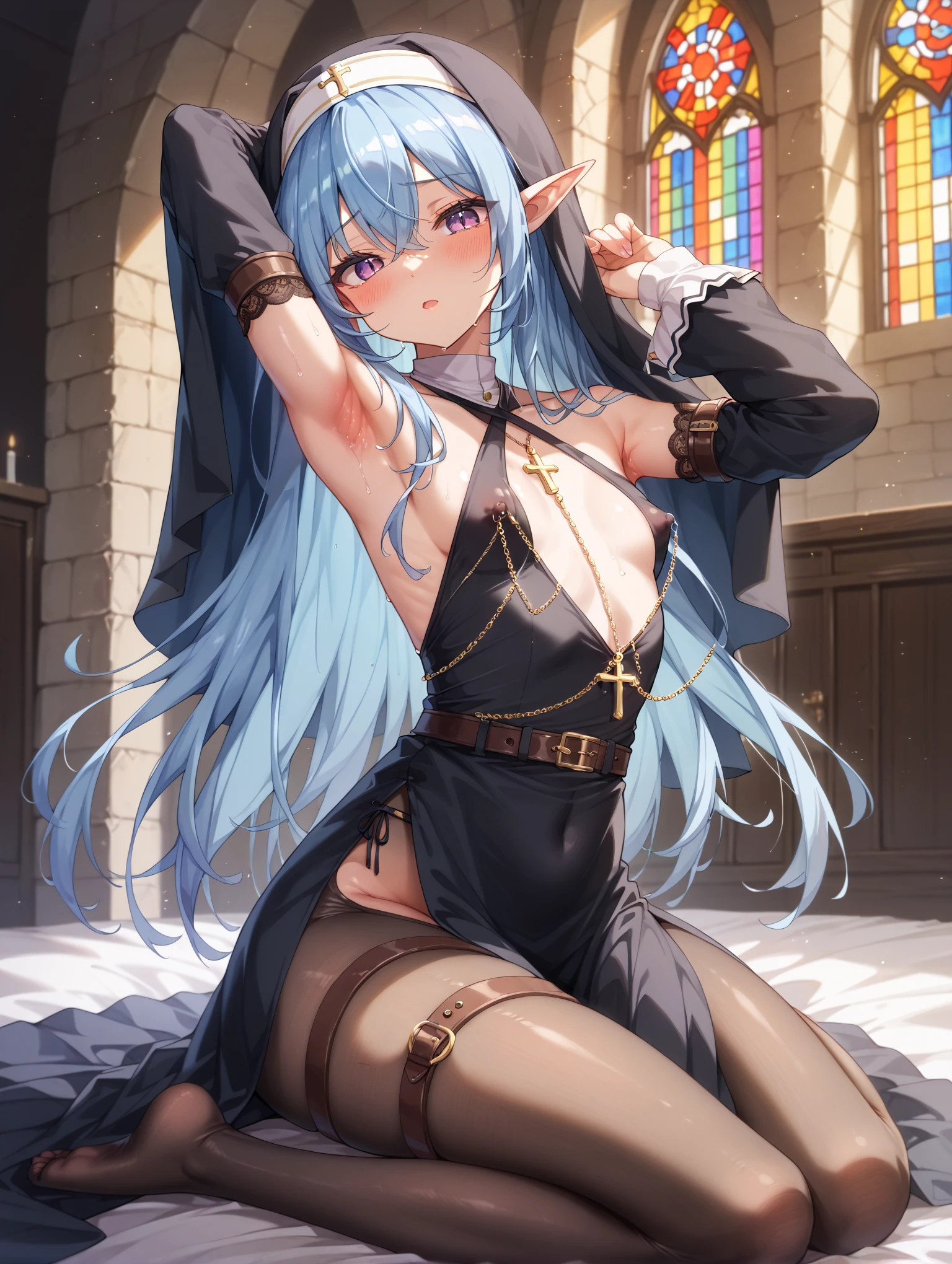 Nuns、Panties in full view、Light blue stripes々Panties、Big Breasts、beautiful girl、Praying、